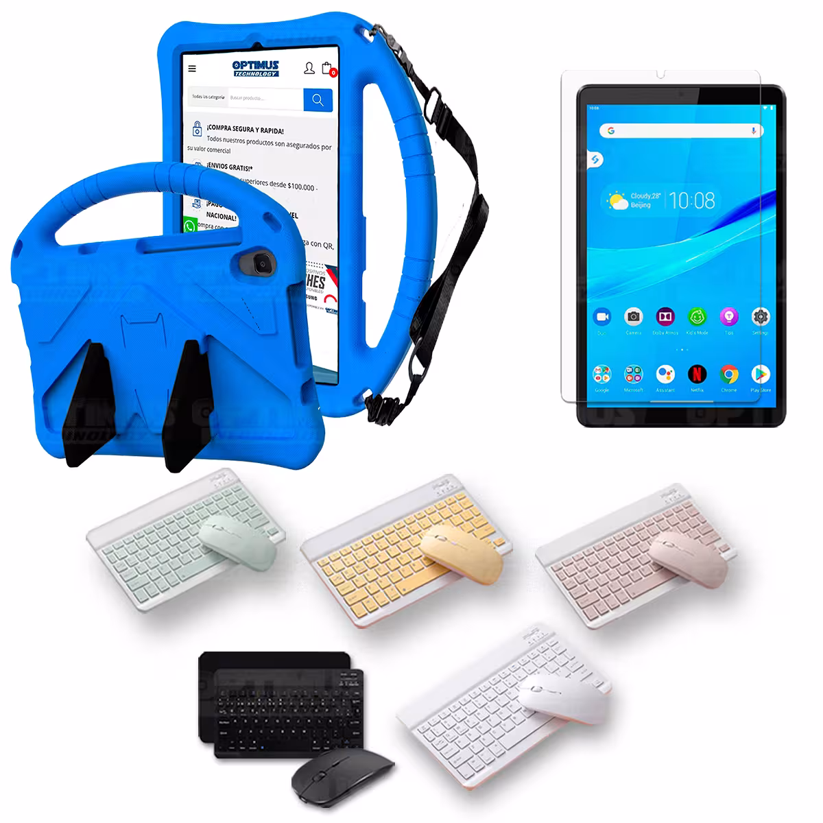 Kit Case Protector con correa + Vidrio templado + Teclado y Mouse Bluetooth Tablet Lenovo M8 X8505f