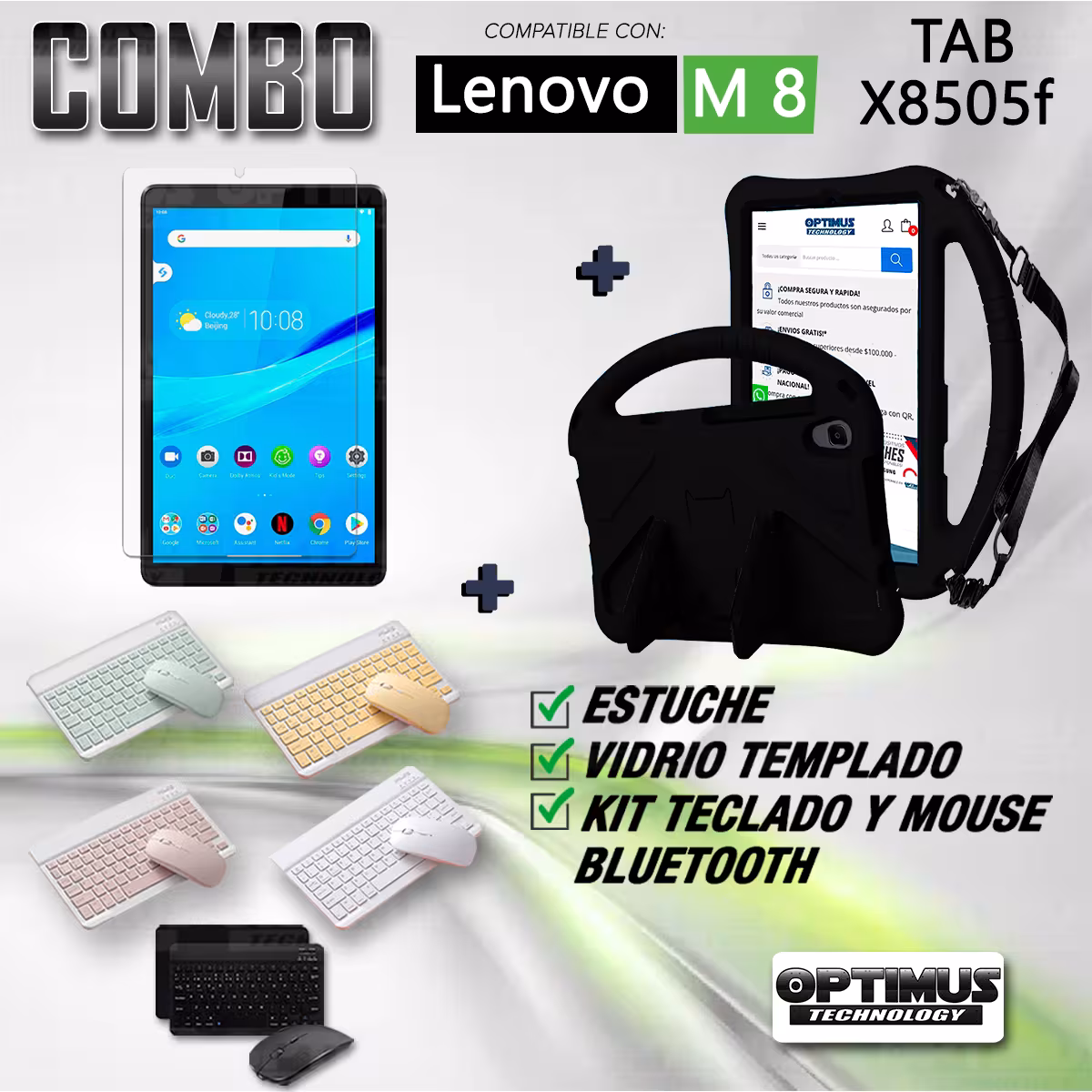Kit Case Protector con correa + Vidrio templado + Teclado y Mouse Bluetooth Tablet Lenovo M8 X8505f