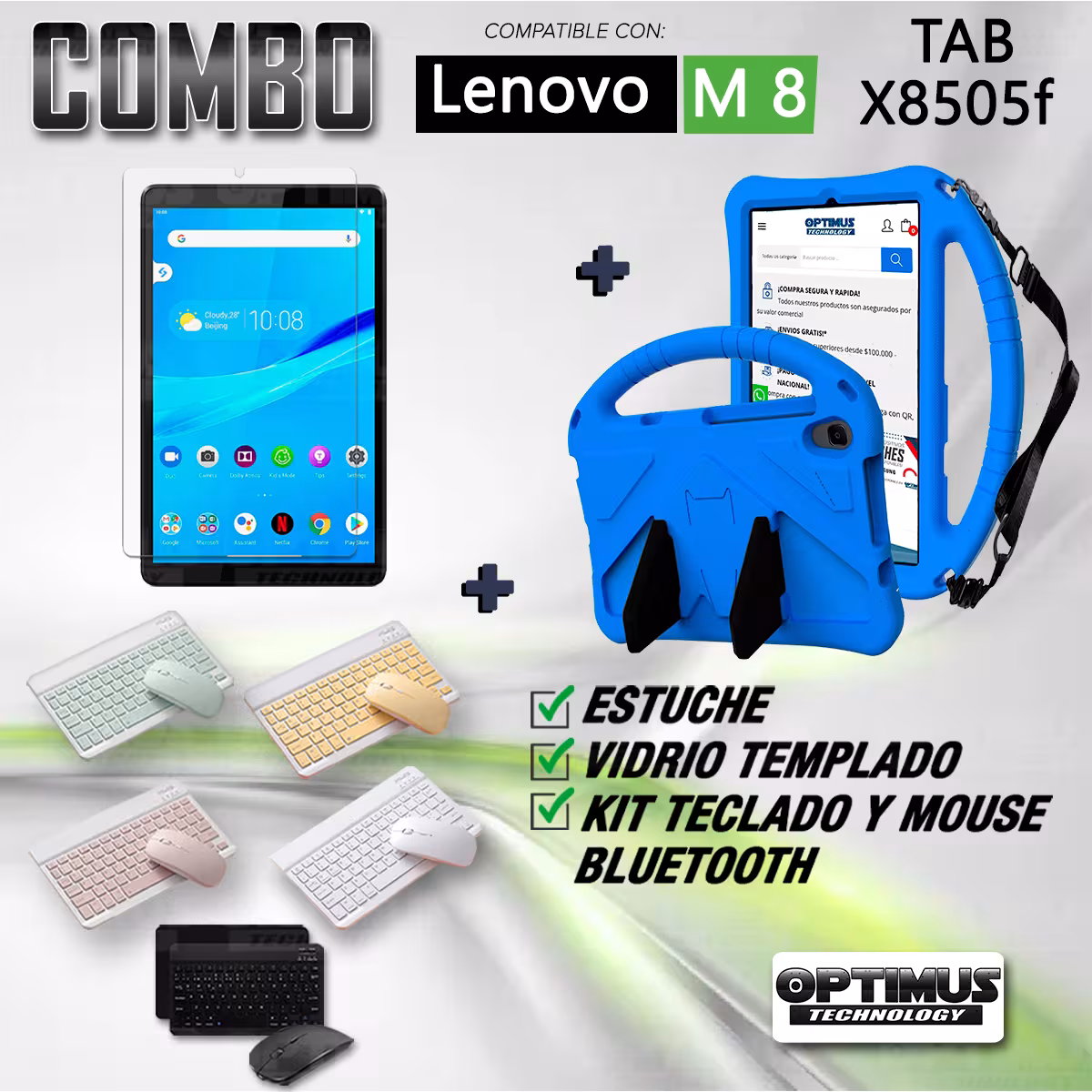 Kit Case Protector con correa + Vidrio templado + Teclado y Mouse Bluetooth Tablet Lenovo M8 X8505f