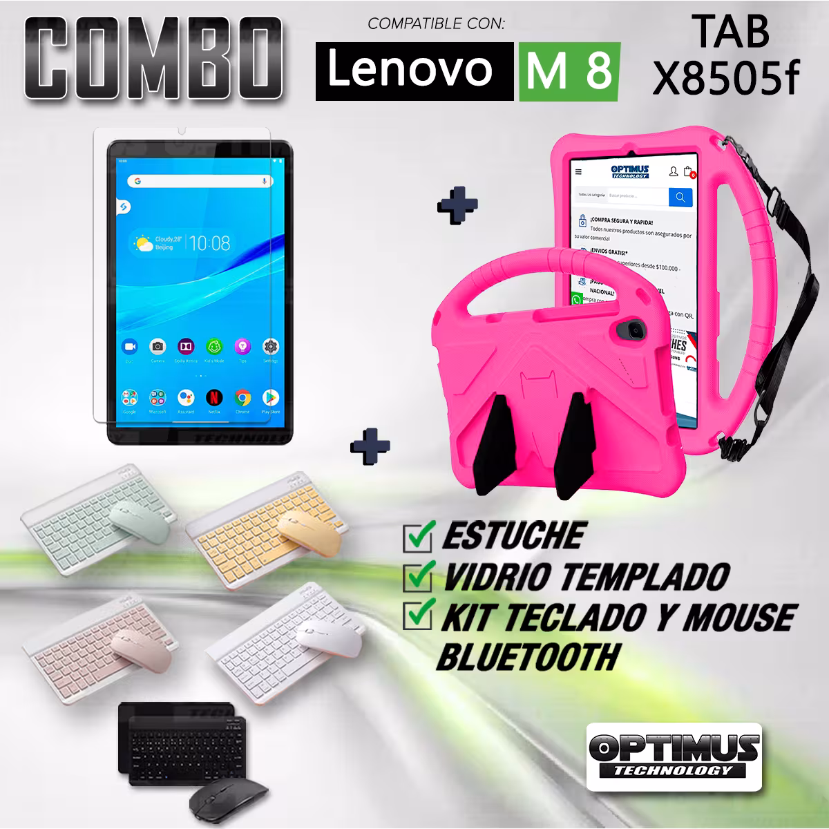 Kit Case Protector con correa + Vidrio templado + Teclado y Mouse Bluetooth Tablet Lenovo M8 X8505f