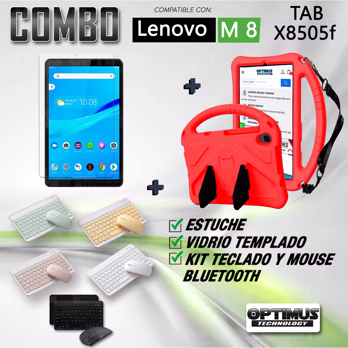 Kit Case Protector con correa + Vidrio templado + Teclado y Mouse Bluetooth Tablet Lenovo M8 X8505f