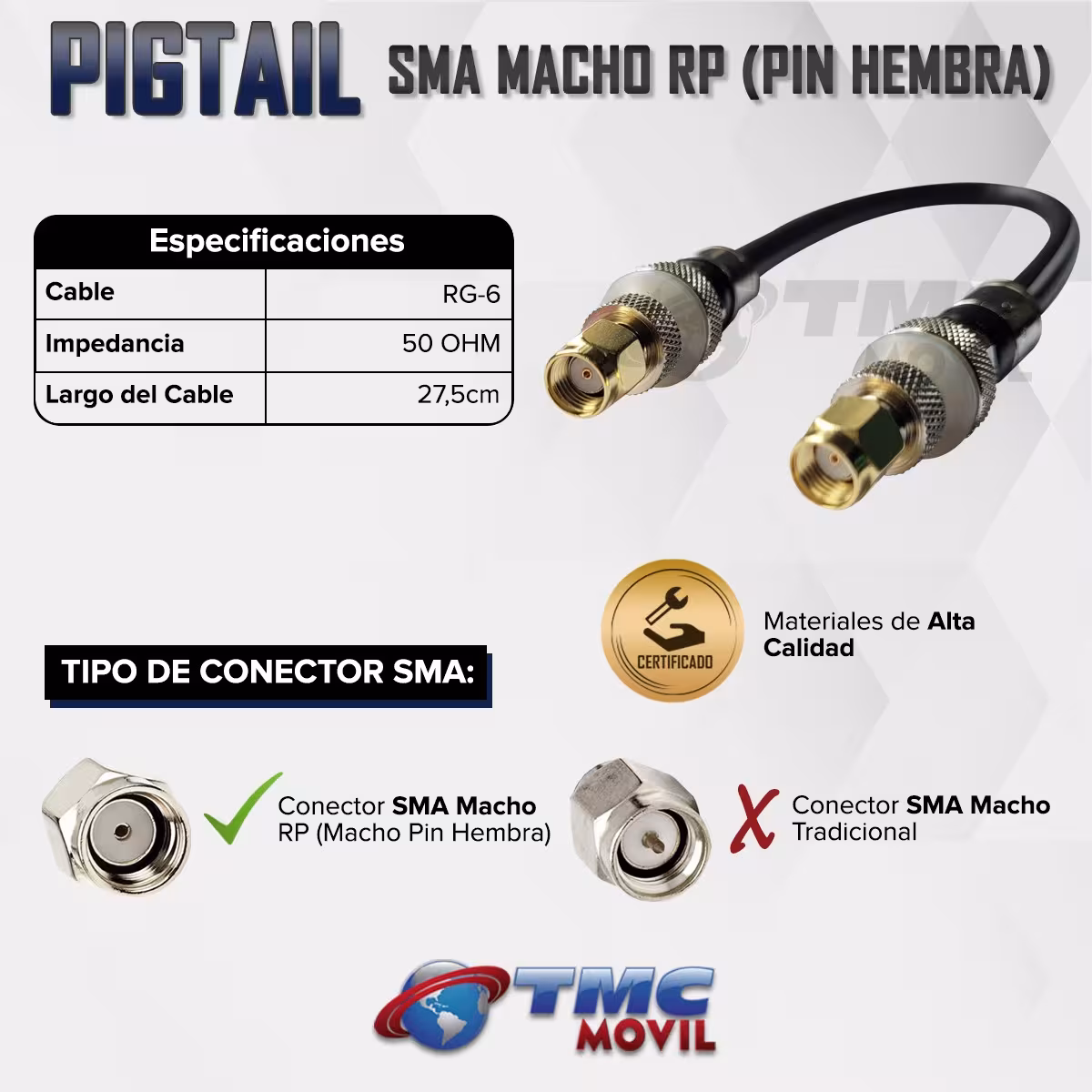 TMC MÓVIL Conector PIGTAIL SMA Macho RP Pin Hembra a SMA Macho RP Pin H ( x2 SMA Male RP ) cable RG-6 27,5cm Ultra Baja Perdida