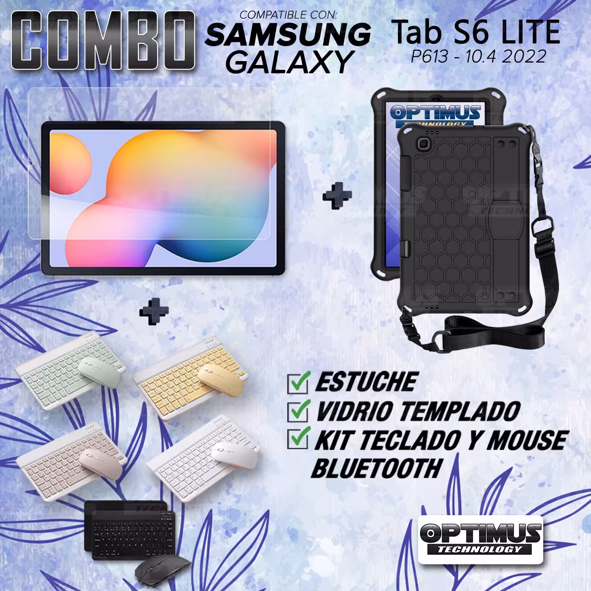 Kit Vidrio templado + Case Protector con correa + Teclado y Mouse Bluetooth Tablet Samsung Galaxy Tab S6 Lite 10.4 2022 P619