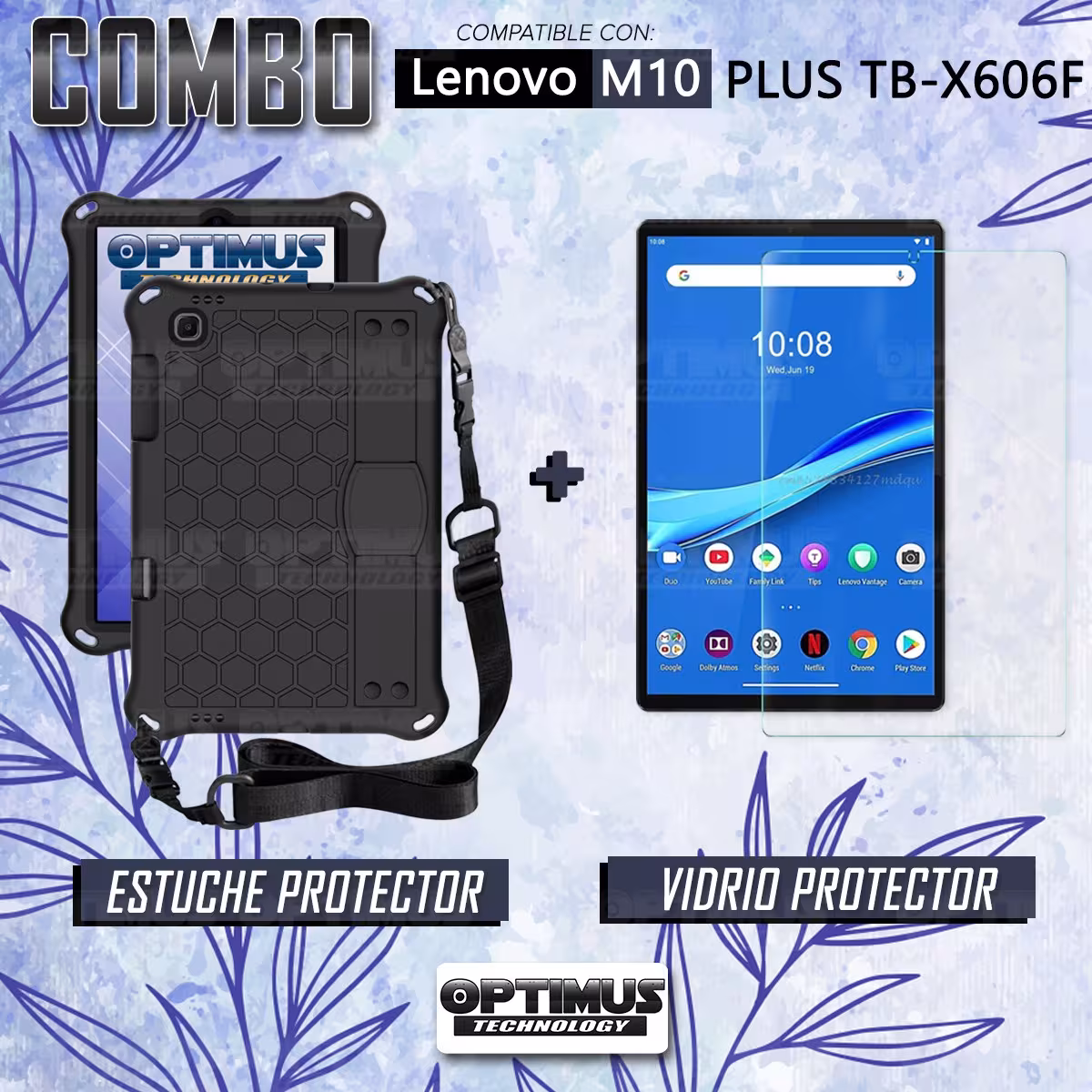 Kit Vidrio Cristal Templado Y Estuche Protector Anti golpes con Correa para Tablet Lenovo M10 Plus Tb-x606f