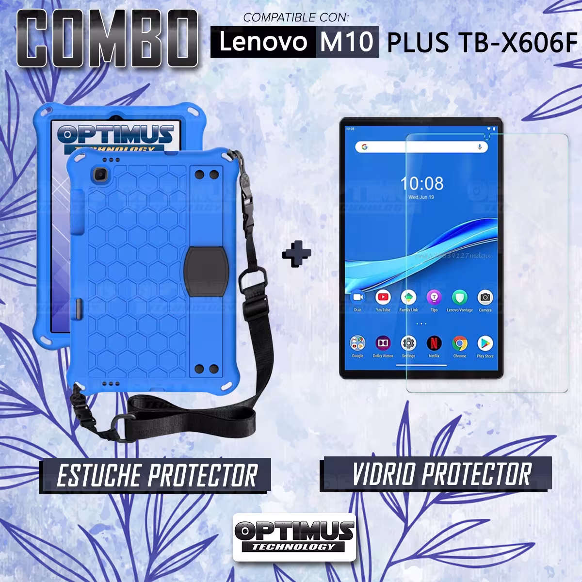 Kit Vidrio Cristal Templado Y Estuche Protector Anti golpes con Correa para Tablet Lenovo M10 Plus Tb-x606f