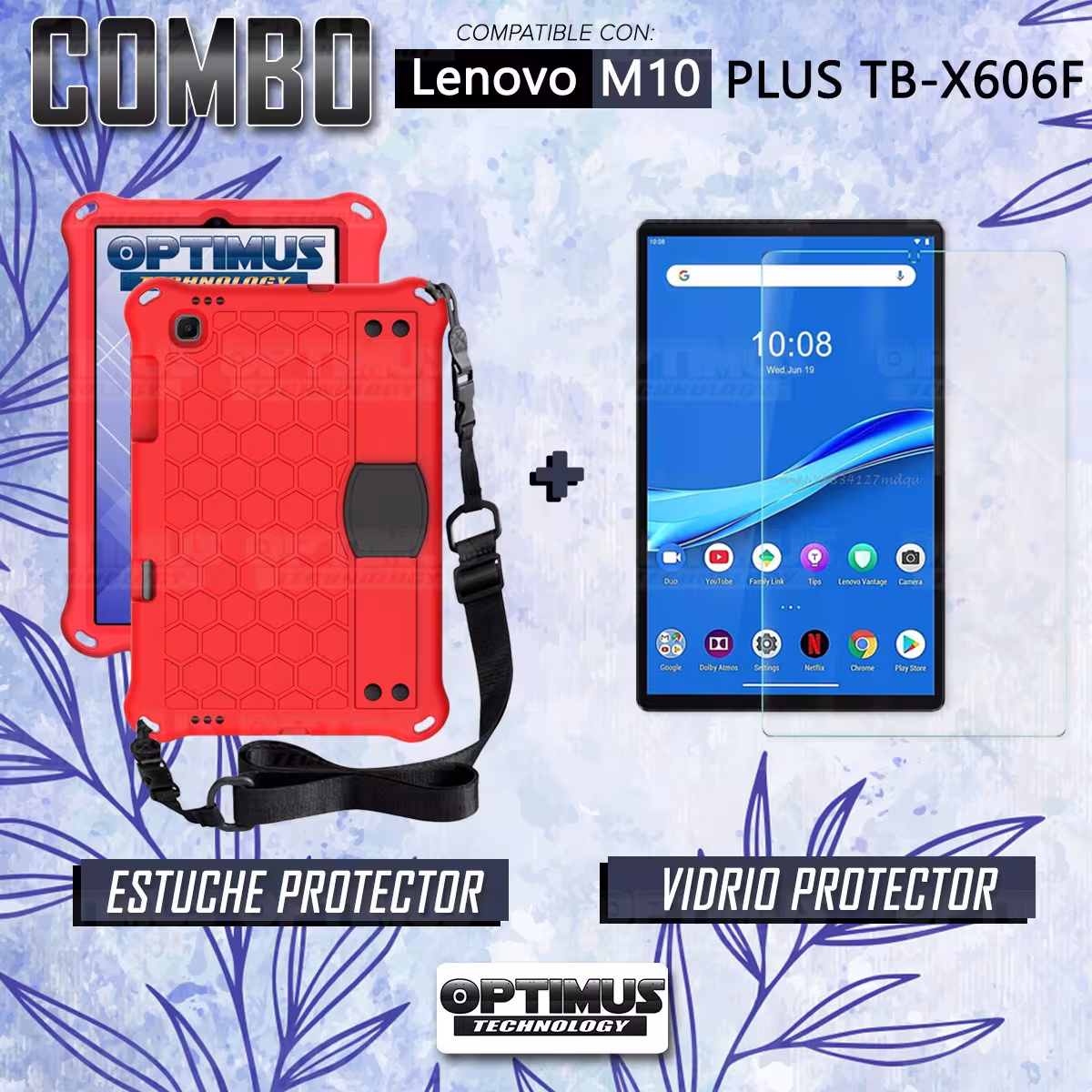 Kit Vidrio Cristal Templado Y Estuche Protector Anti golpes con Correa para Tablet Lenovo M10 Plus Tb-x606f