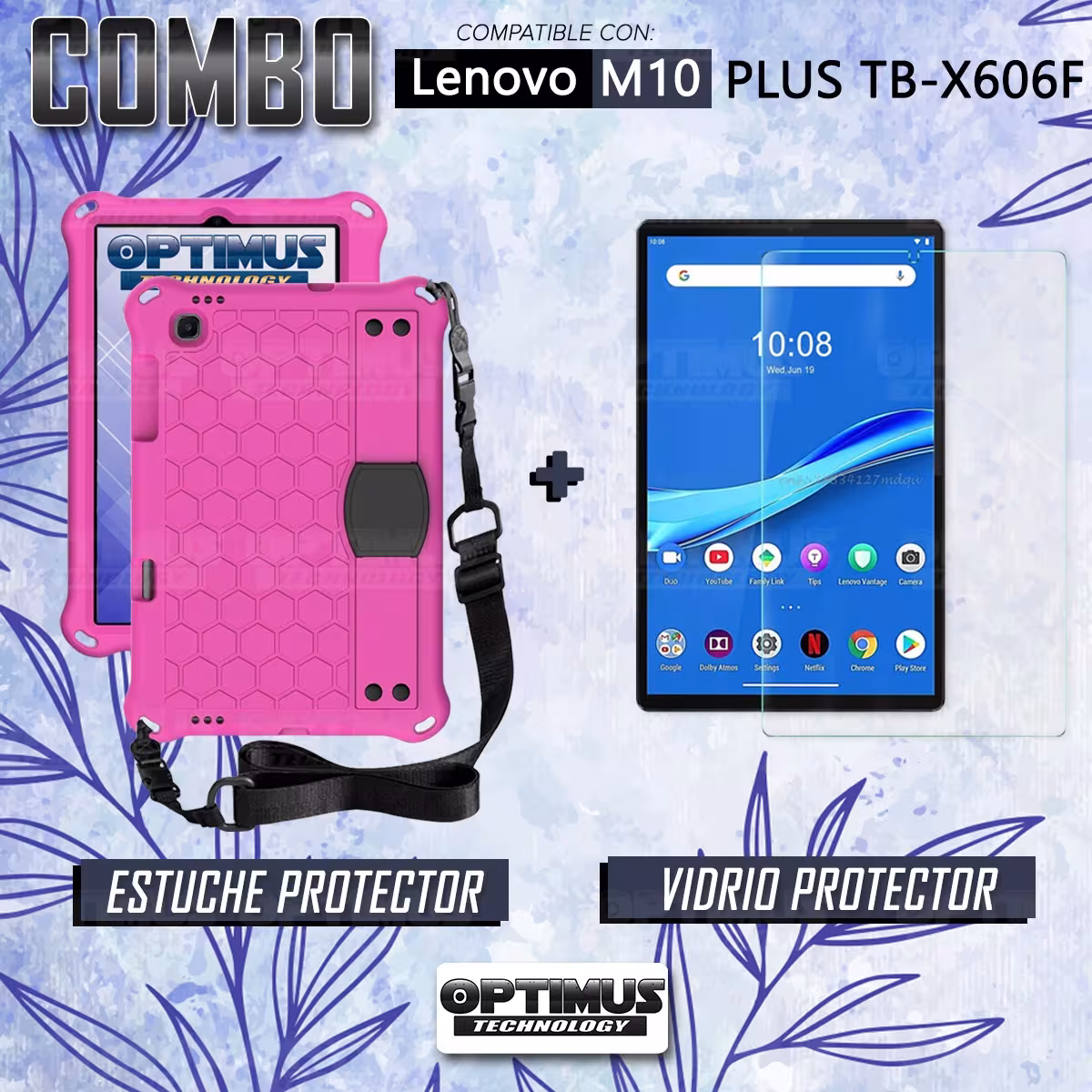 Kit Vidrio Cristal Templado Y Estuche Protector Anti golpes con Correa para Tablet Lenovo M10 Plus Tb-x606f