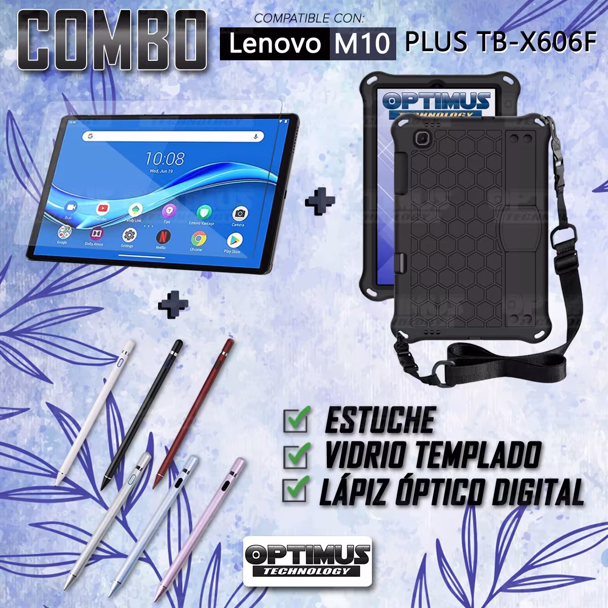 Kit Estuche Protector Correa + Vidrio Templado + Lápiz Digital para Tablet Lenovo M10 Plus Tb-x606f