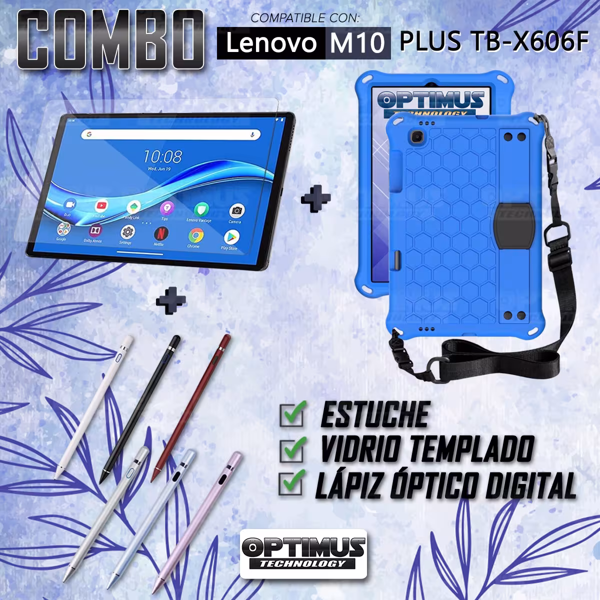Kit Estuche Protector Correa + Vidrio Templado + Lápiz Digital para Tablet Lenovo M10 Plus Tb-x606f