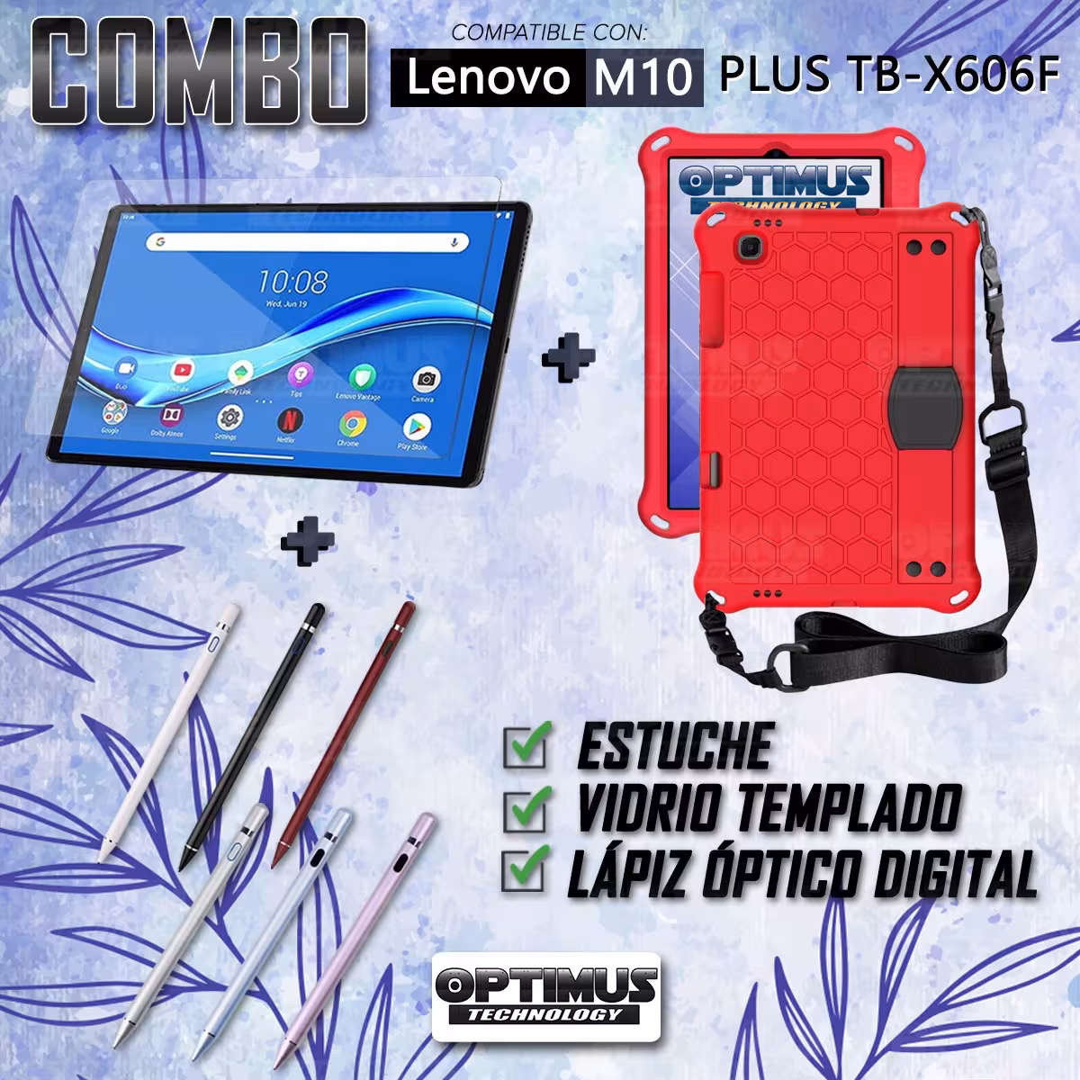 Kit Estuche Protector Correa + Vidrio Templado + Lápiz Digital para Tablet Lenovo M10 Plus Tb-x606f