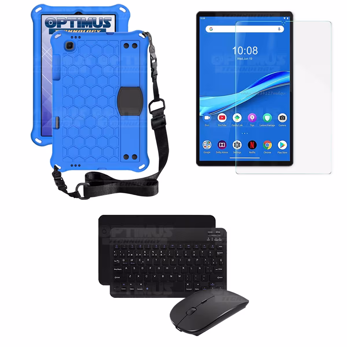 Kit Vidrio templado + Case Protector con correa + Teclado y Mouse Bluetooth Tablet Lenovo M10 Plus Tb-x606f