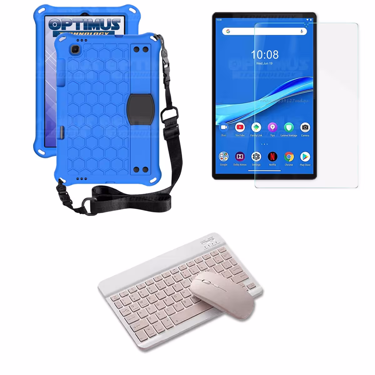 Kit Vidrio templado + Case Protector con correa + Teclado y Mouse Bluetooth Tablet Lenovo M10 Plus Tb-x606f