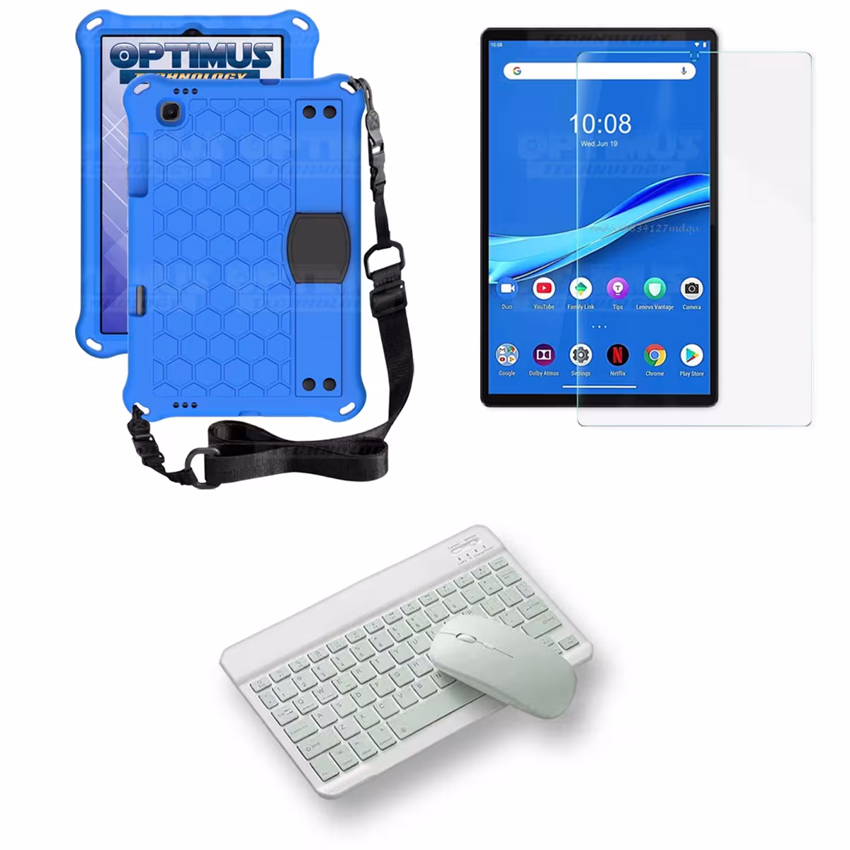 Kit Vidrio templado + Case Protector con correa + Teclado y Mouse Bluetooth Tablet Lenovo M10 Plus Tb-x606f