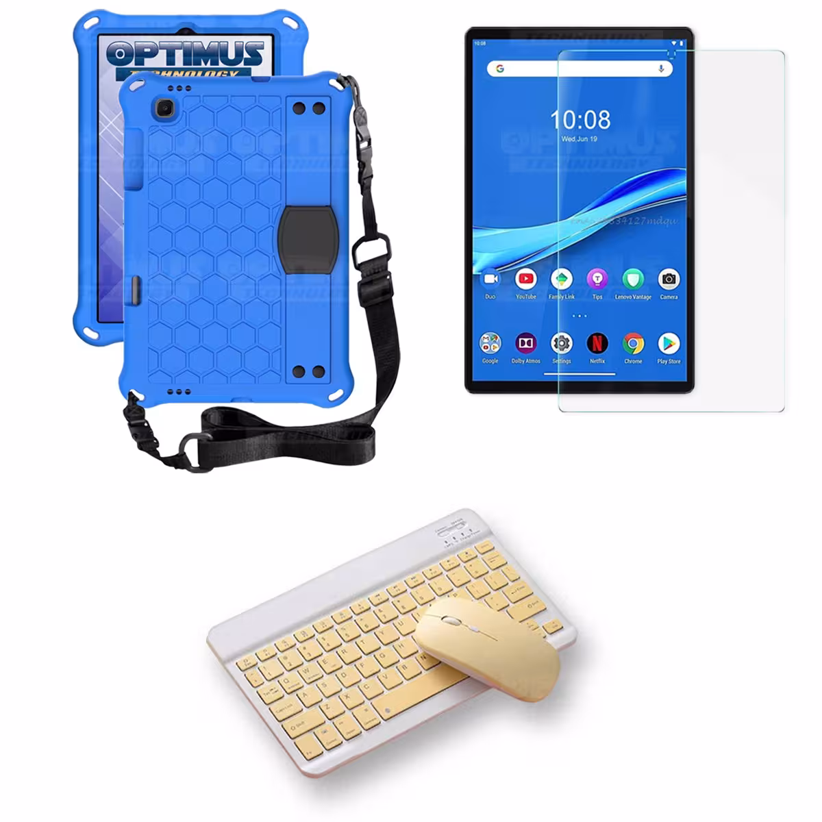 Kit Vidrio templado + Case Protector con correa + Teclado y Mouse Bluetooth Tablet Lenovo M10 Plus Tb-x606f