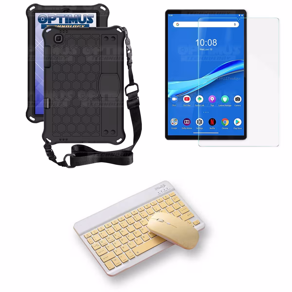 Kit Vidrio templado + Case Protector con correa + Teclado y Mouse Bluetooth Tablet Lenovo M10 Plus Tb-x606f