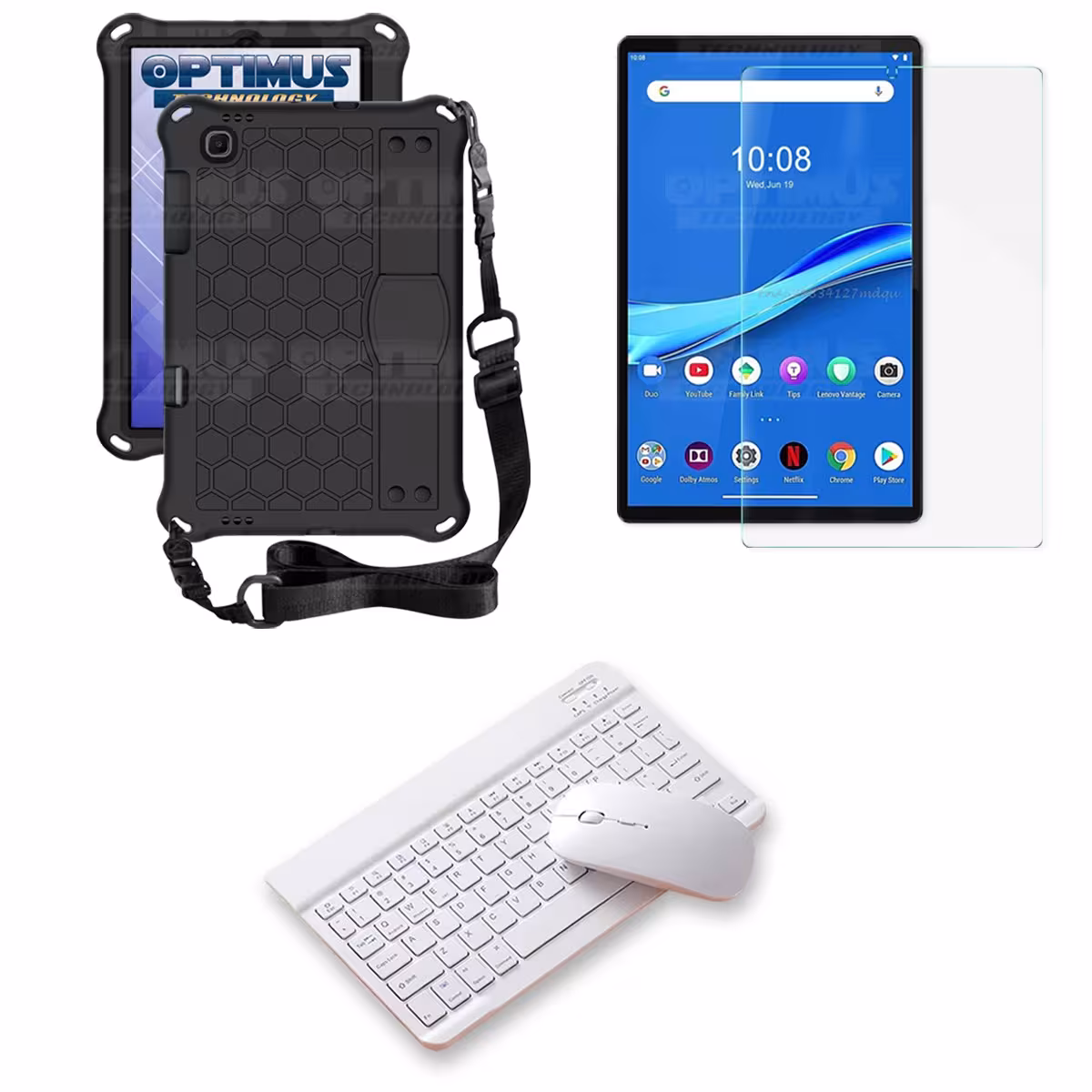 Kit Vidrio templado + Case Protector con correa + Teclado y Mouse Bluetooth Tablet Lenovo M10 Plus Tb-x606f