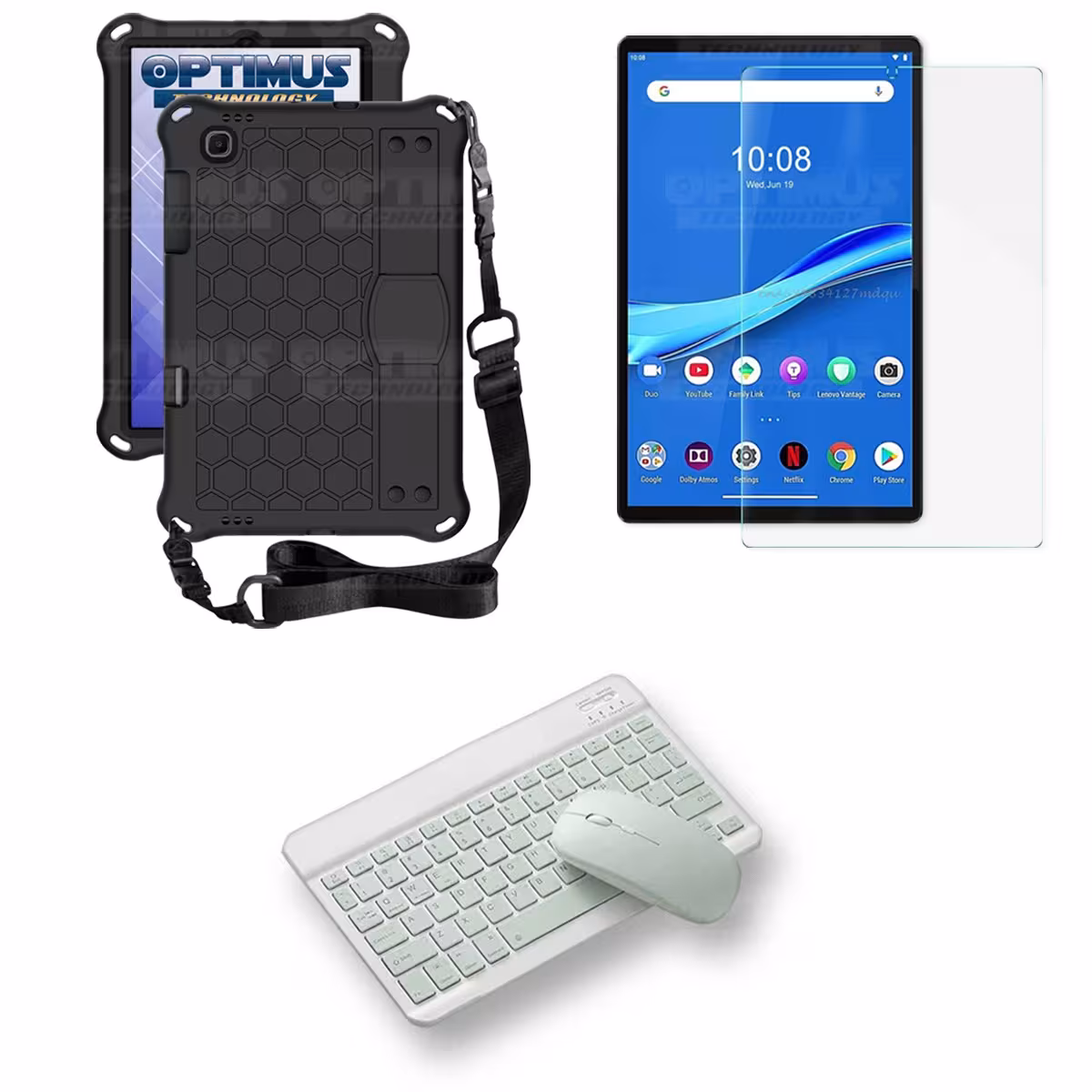 Kit Vidrio templado + Case Protector con correa + Teclado y Mouse Bluetooth Tablet Lenovo M10 Plus Tb-x606f