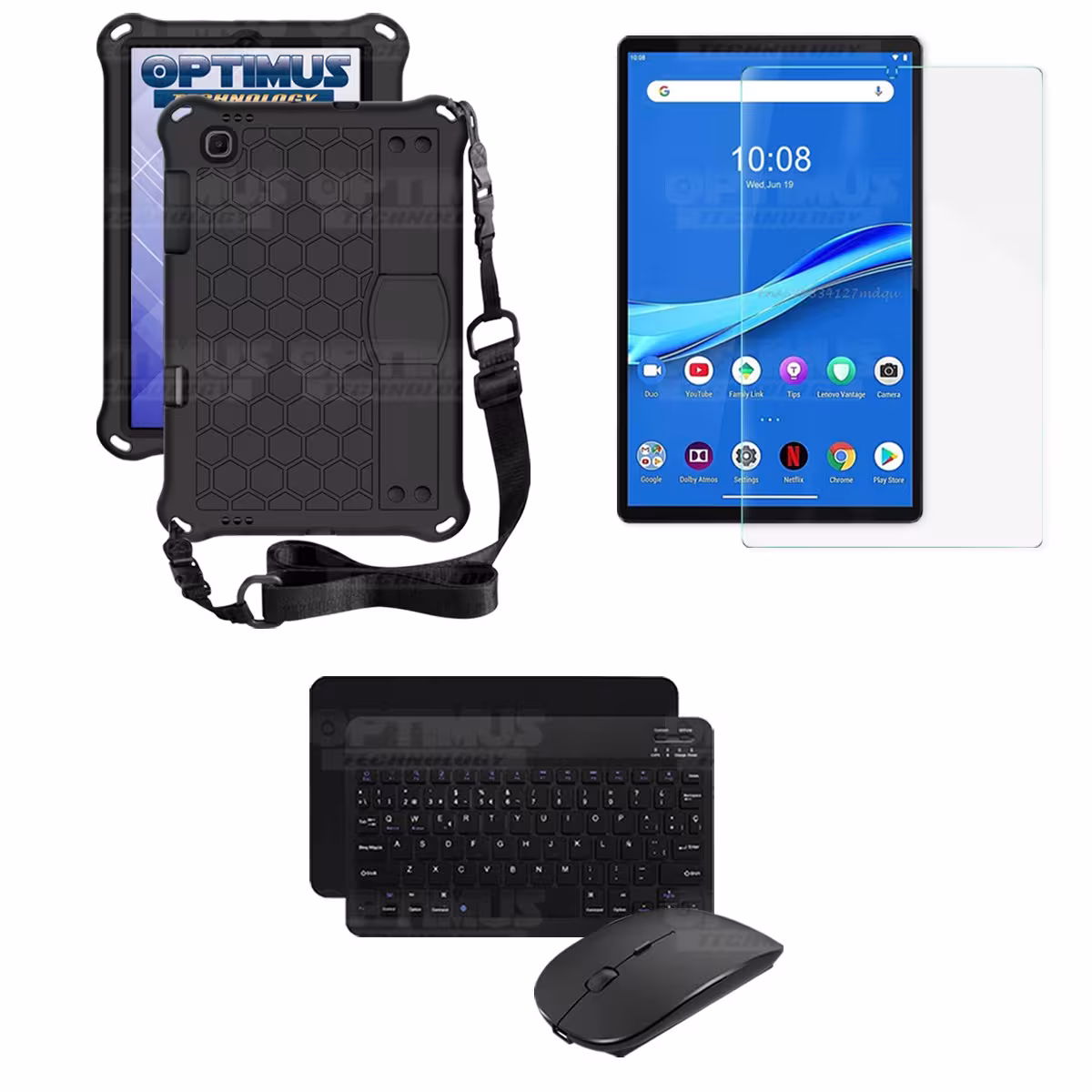 Kit Vidrio templado + Case Protector con correa + Teclado y Mouse Bluetooth Tablet Lenovo M10 Plus Tb-x606f
