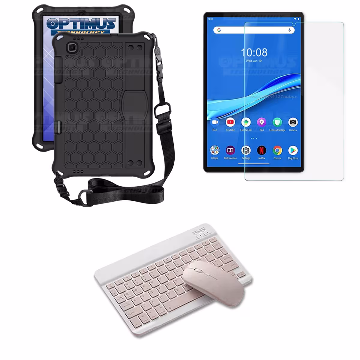 Kit Vidrio templado + Case Protector con correa + Teclado y Mouse Bluetooth Tablet Lenovo M10 Plus Tb-x606f