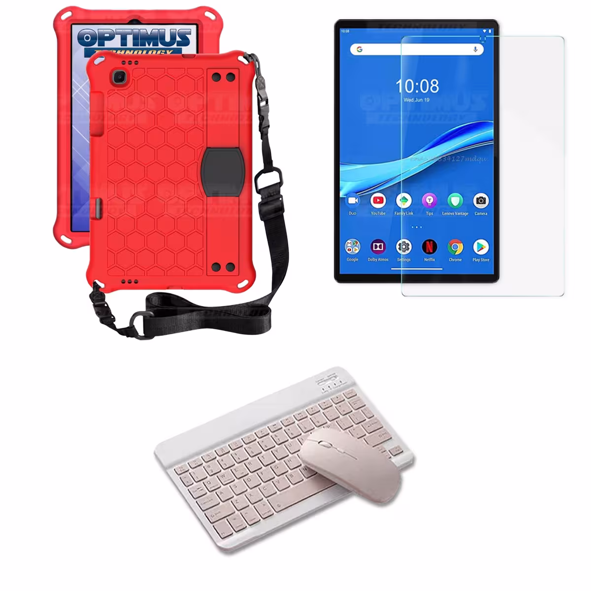 Kit Vidrio templado + Case Protector con correa + Teclado y Mouse Bluetooth Tablet Lenovo M10 Plus Tb-x606f