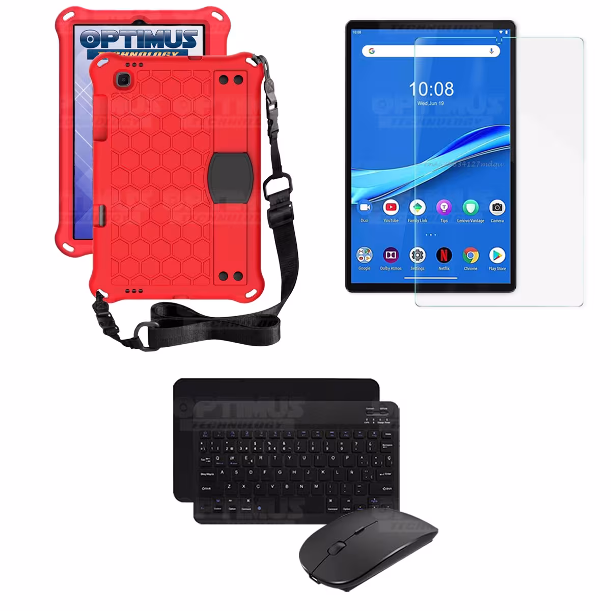 Kit Vidrio templado + Case Protector con correa + Teclado y Mouse Bluetooth Tablet Lenovo M10 Plus Tb-x606f