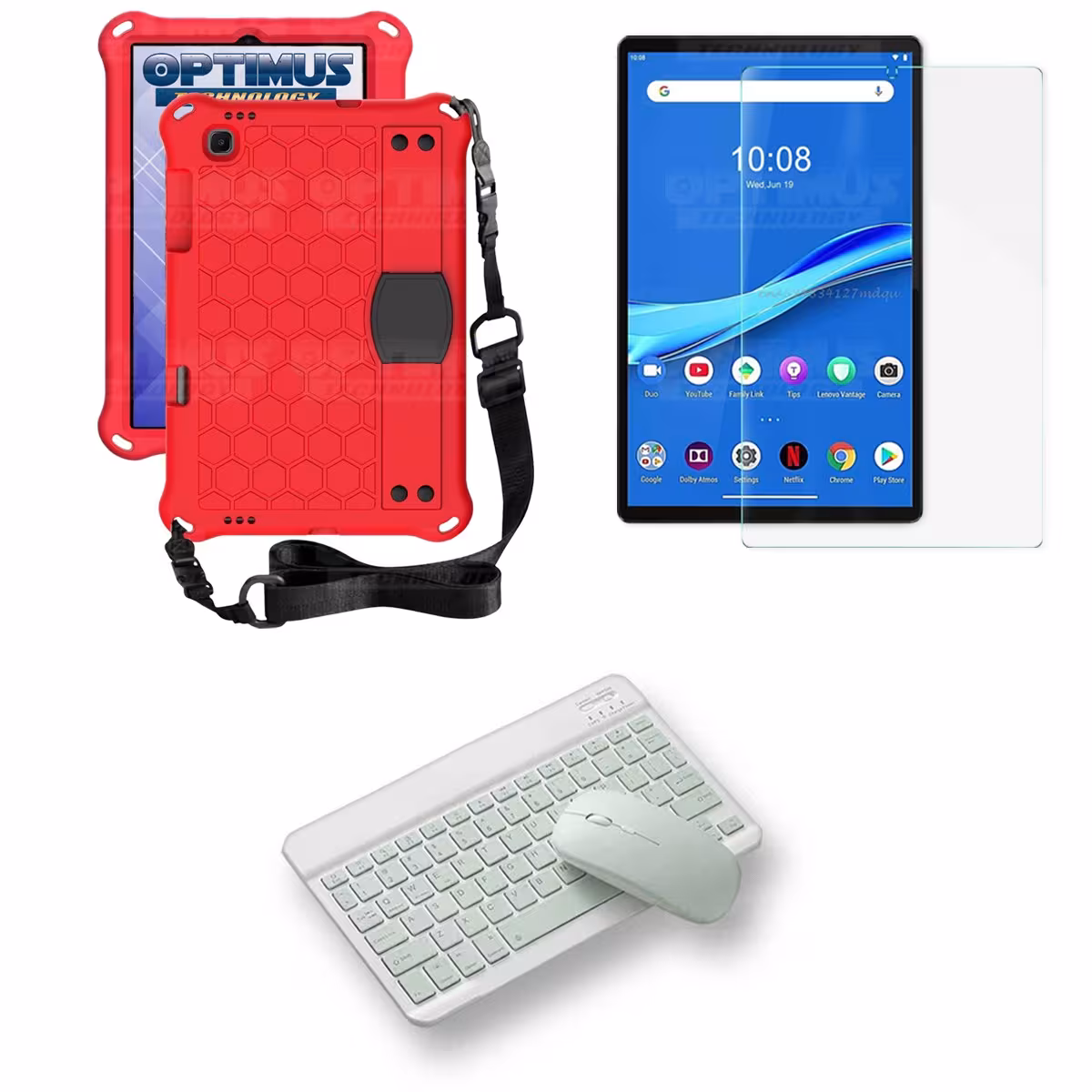 Kit Vidrio templado + Case Protector con correa + Teclado y Mouse Bluetooth Tablet Lenovo M10 Plus Tb-x606f