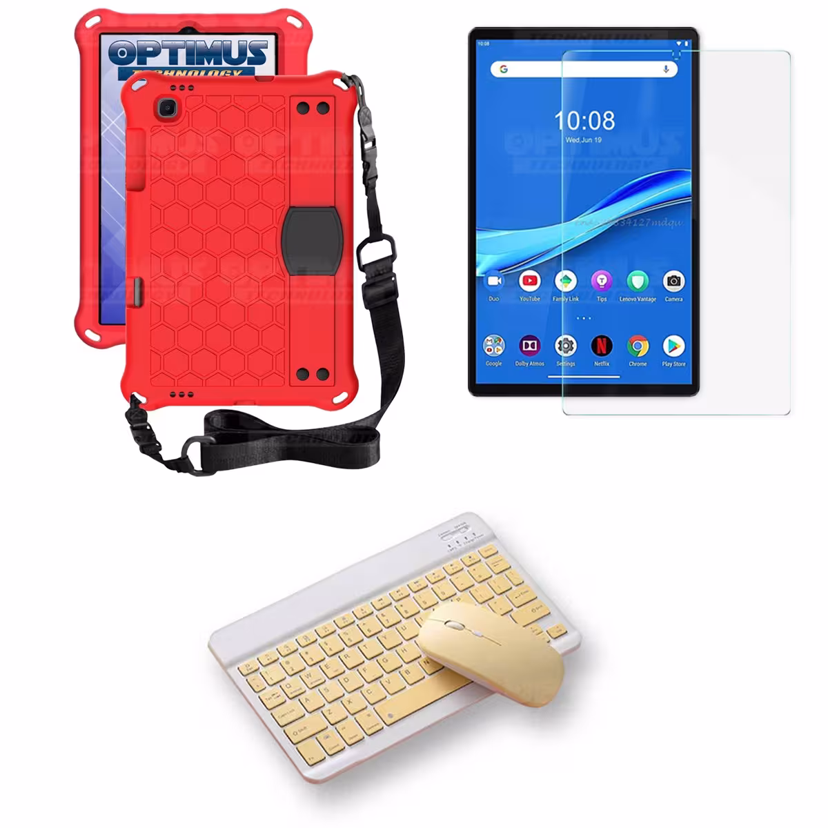 Kit Vidrio templado + Case Protector con correa + Teclado y Mouse Bluetooth Tablet Lenovo M10 Plus Tb-x606f