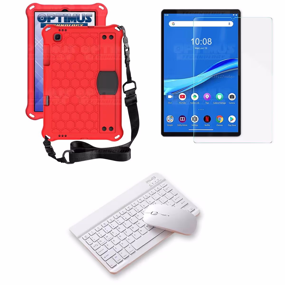 Kit Vidrio templado + Case Protector con correa + Teclado y Mouse Bluetooth Tablet Lenovo M10 Plus Tb-x606f