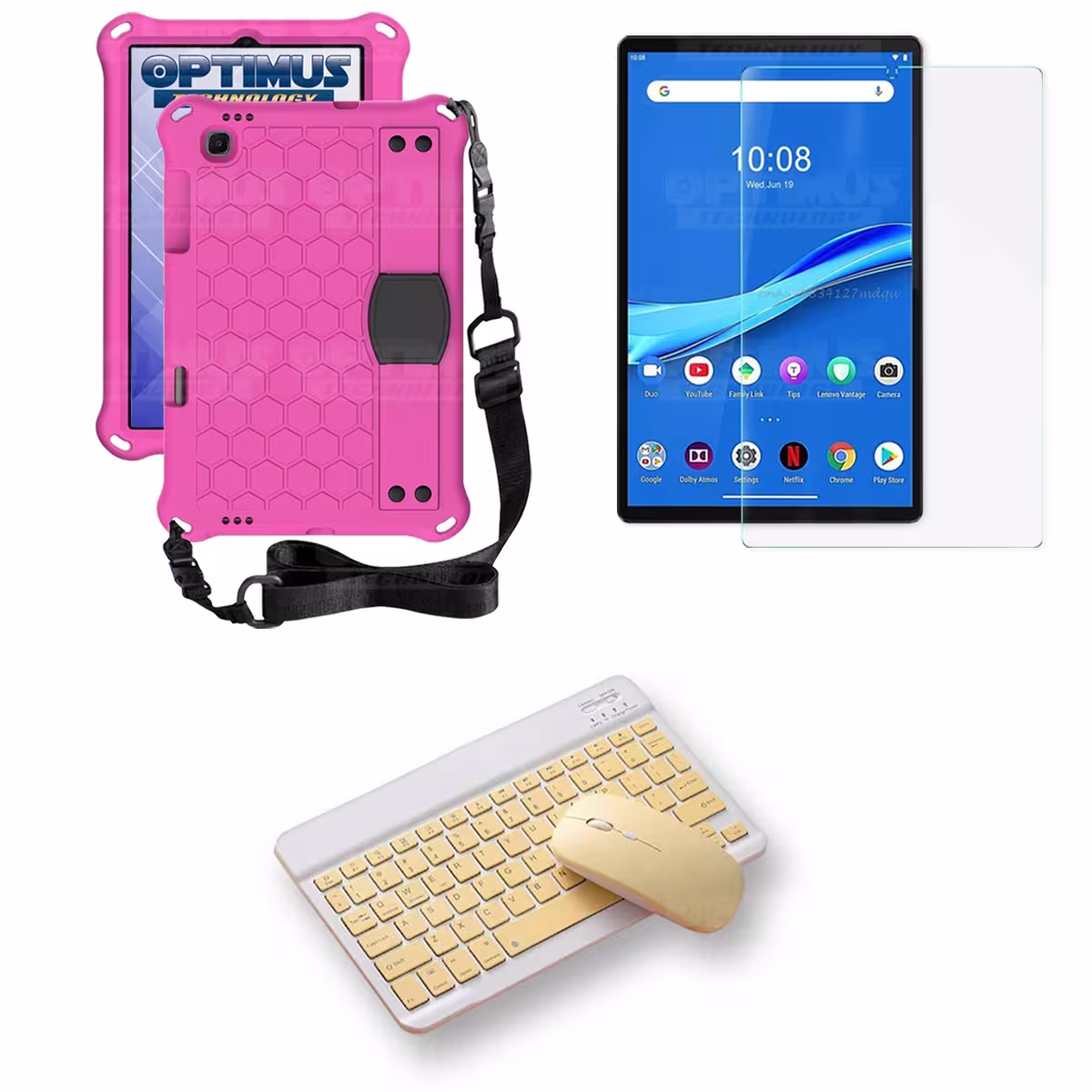Kit Vidrio templado + Case Protector con correa + Teclado y Mouse Bluetooth Tablet Lenovo M10 Plus Tb-x606f