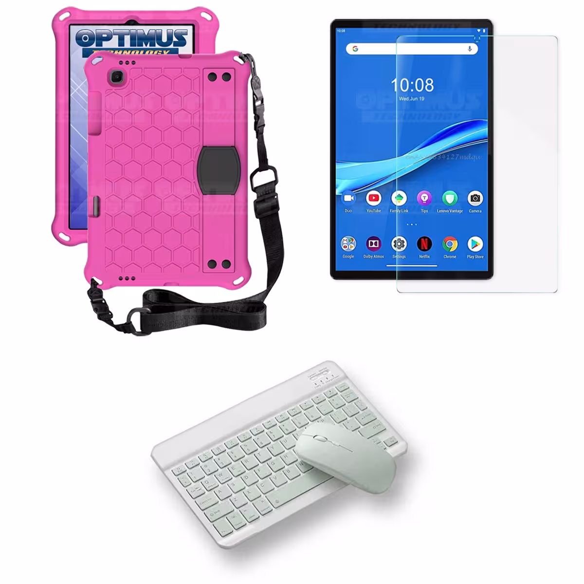 Kit Vidrio templado + Case Protector con correa + Teclado y Mouse Bluetooth Tablet Lenovo M10 Plus Tb-x606f