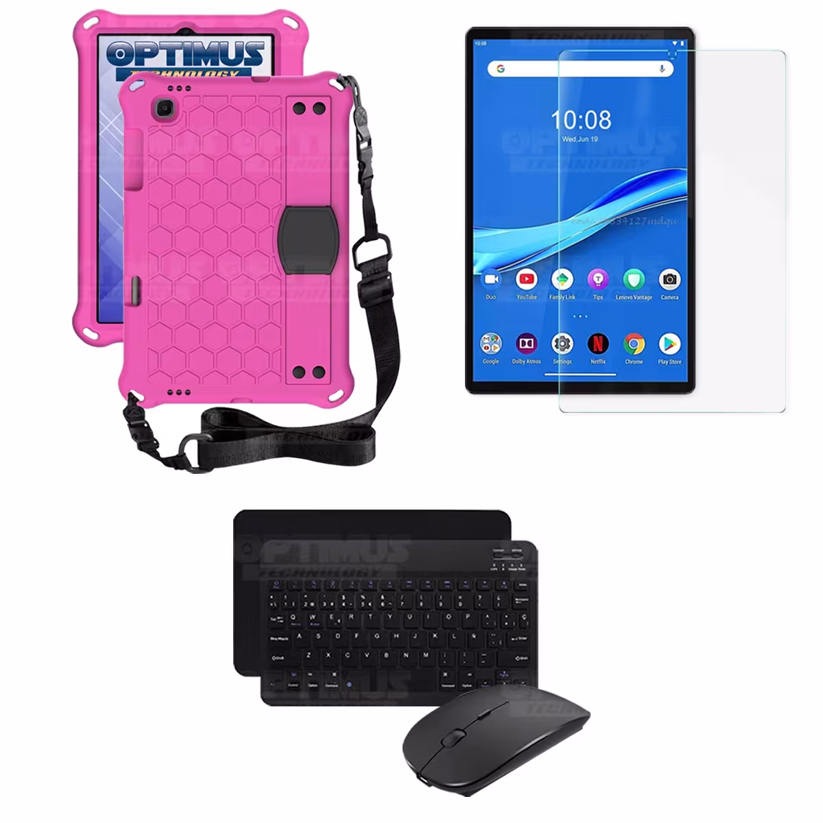 Kit Vidrio templado + Case Protector con correa + Teclado y Mouse Bluetooth Tablet Lenovo M10 Plus Tb-x606f