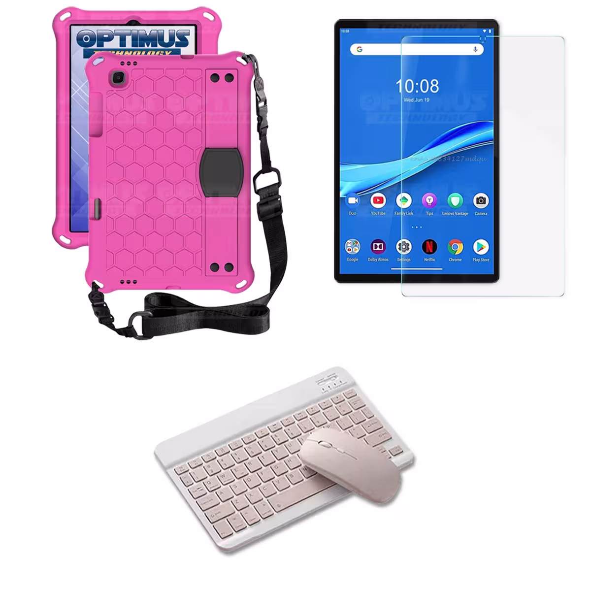 Kit Vidrio templado + Case Protector con correa + Teclado y Mouse Bluetooth Tablet Lenovo M10 Plus Tb-x606f