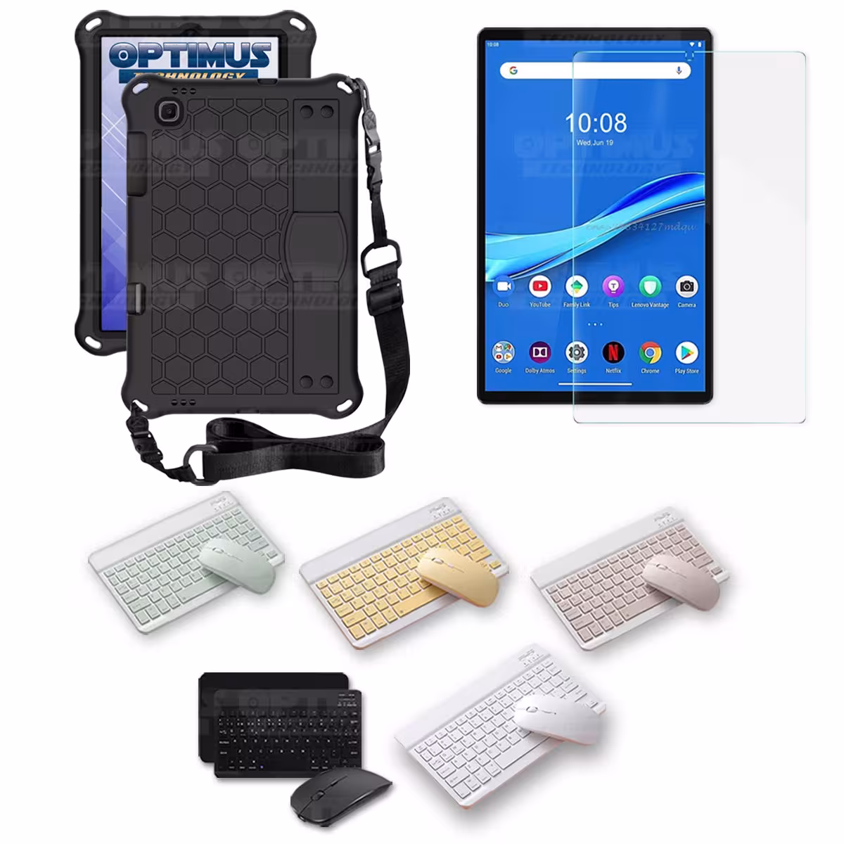 Kit Vidrio templado + Case Protector con correa + Teclado y Mouse Bluetooth Tablet Lenovo M10 Plus Tb-x606f