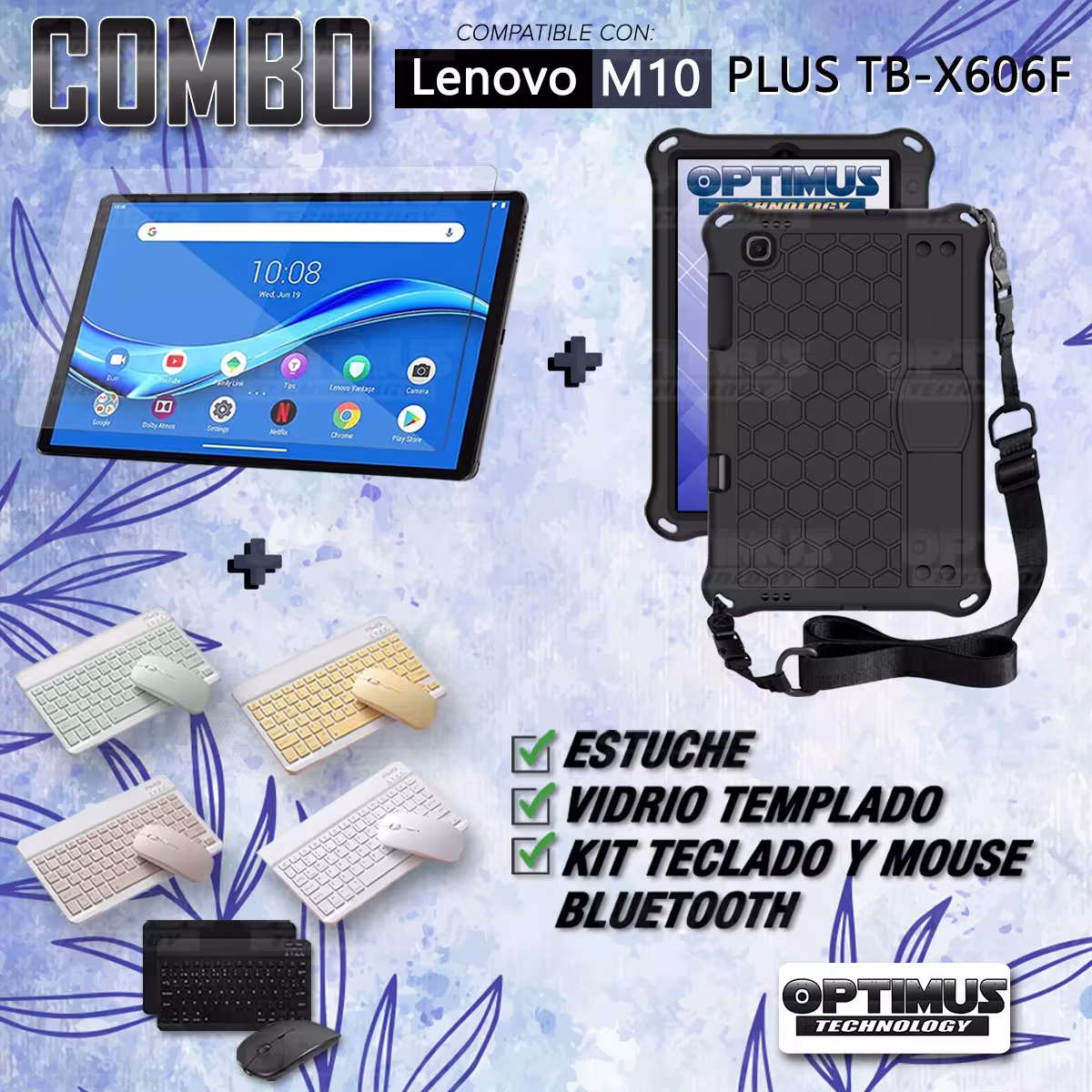 Kit Vidrio templado + Case Protector con correa + Teclado y Mouse Bluetooth Tablet Lenovo M10 Plus Tb-x606f