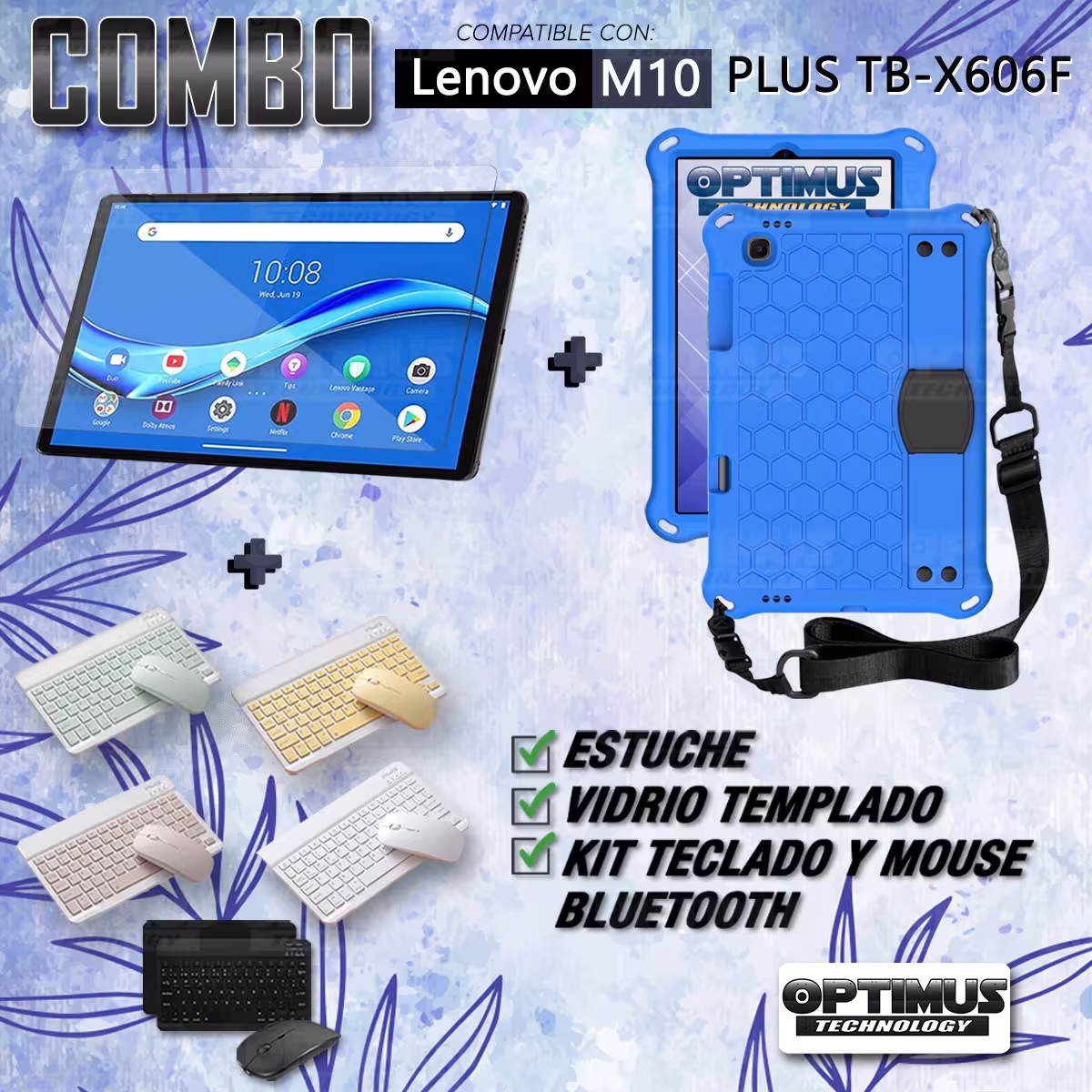 Kit Vidrio templado + Case Protector con correa + Teclado y Mouse Bluetooth Tablet Lenovo M10 Plus Tb-x606f