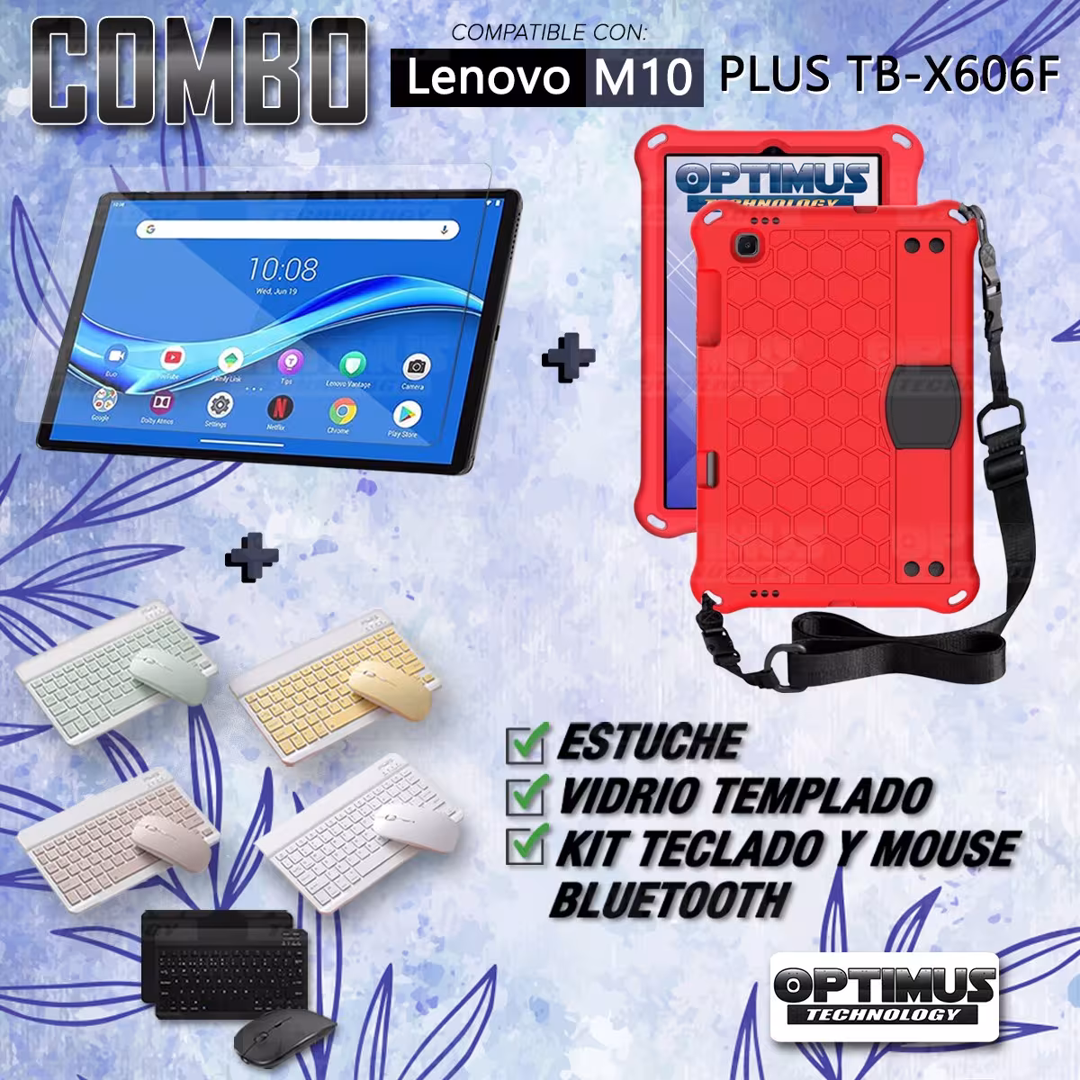 Kit Vidrio templado + Case Protector con correa + Teclado y Mouse Bluetooth Tablet Lenovo M10 Plus Tb-x606f