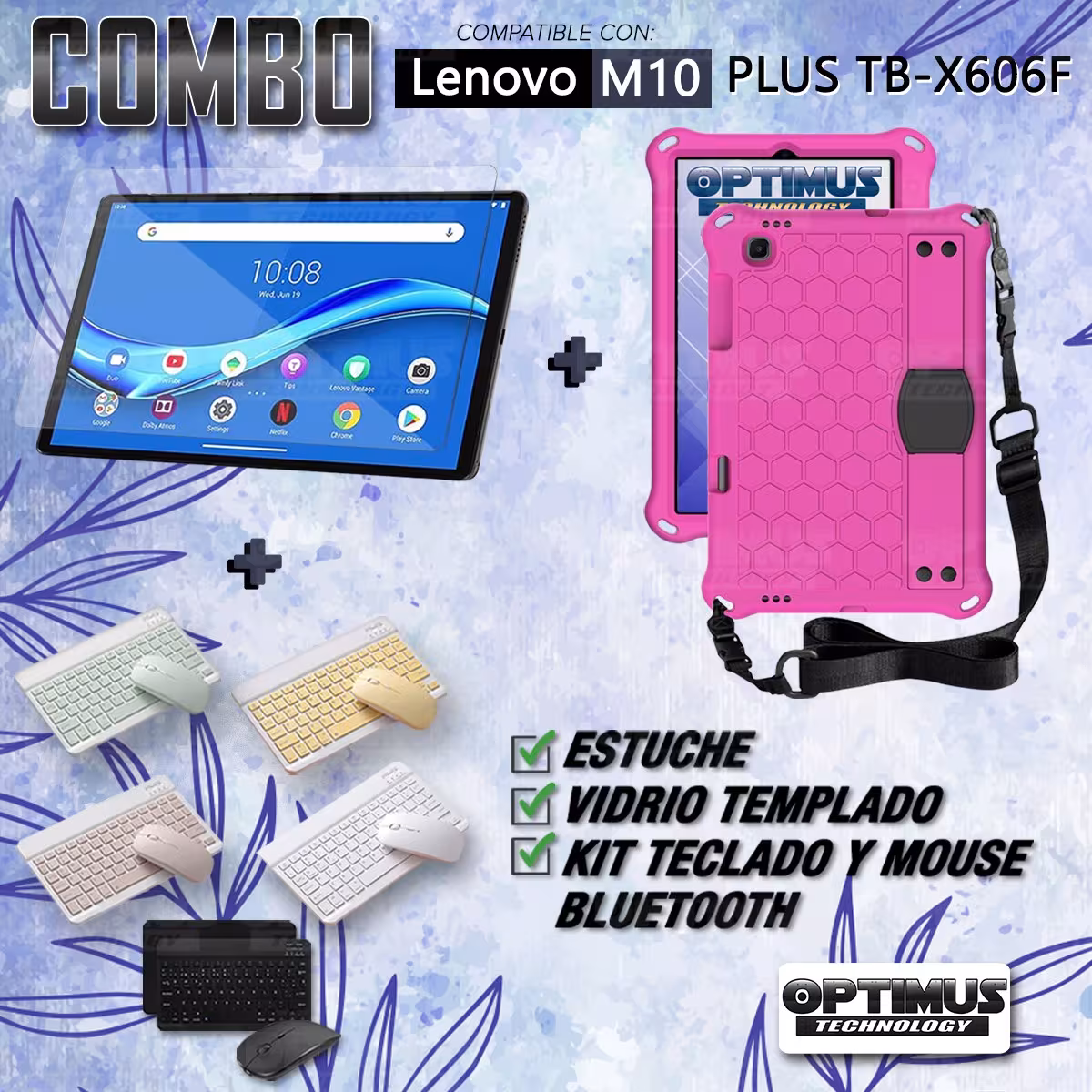 Kit Vidrio templado + Case Protector con correa + Teclado y Mouse Bluetooth Tablet Lenovo M10 Plus Tb-x606f