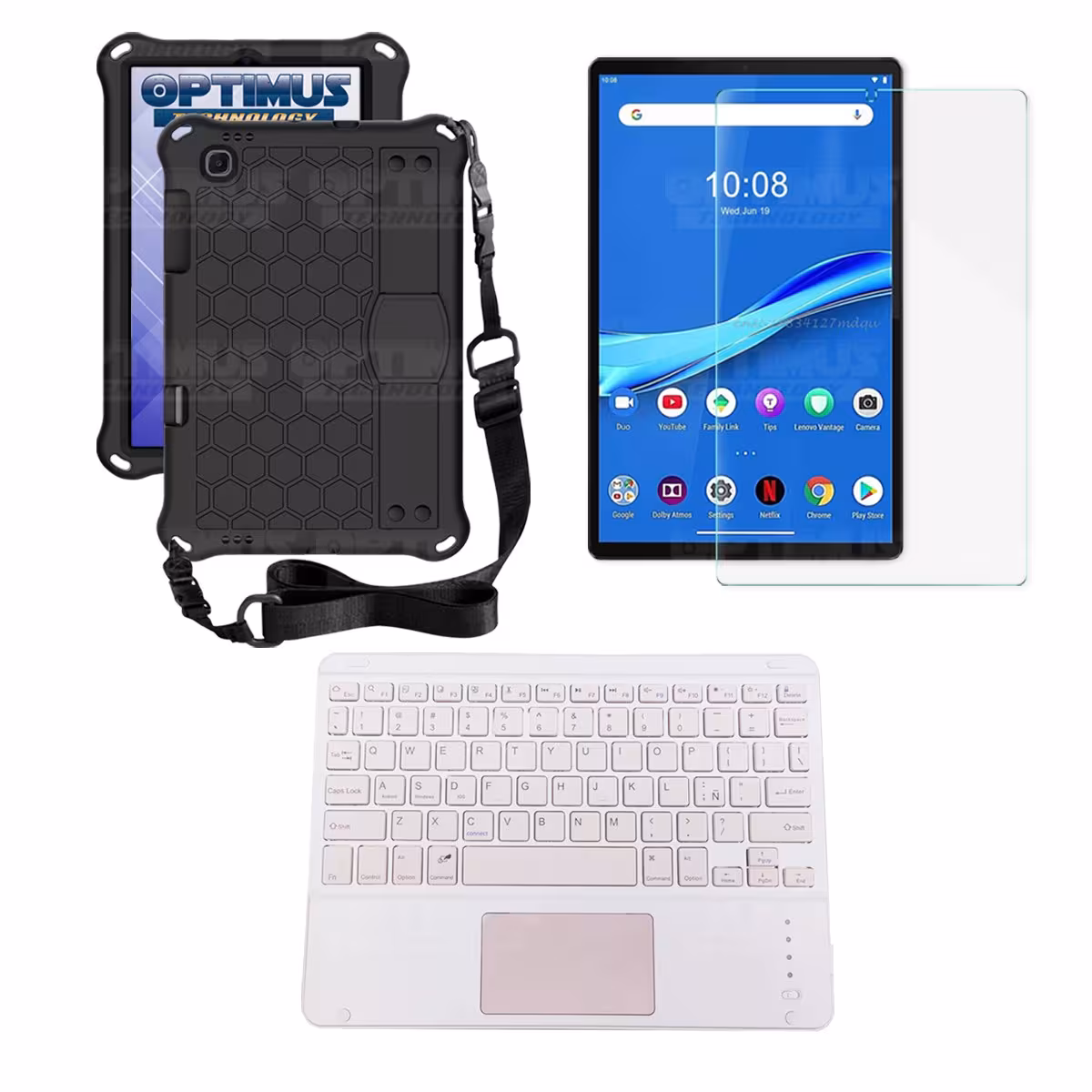Kit Vidrio templado + Case Protector con correa + Teclado Touchpad Bluetooth Tablet Lenovo M10 Plus Tb-x606f