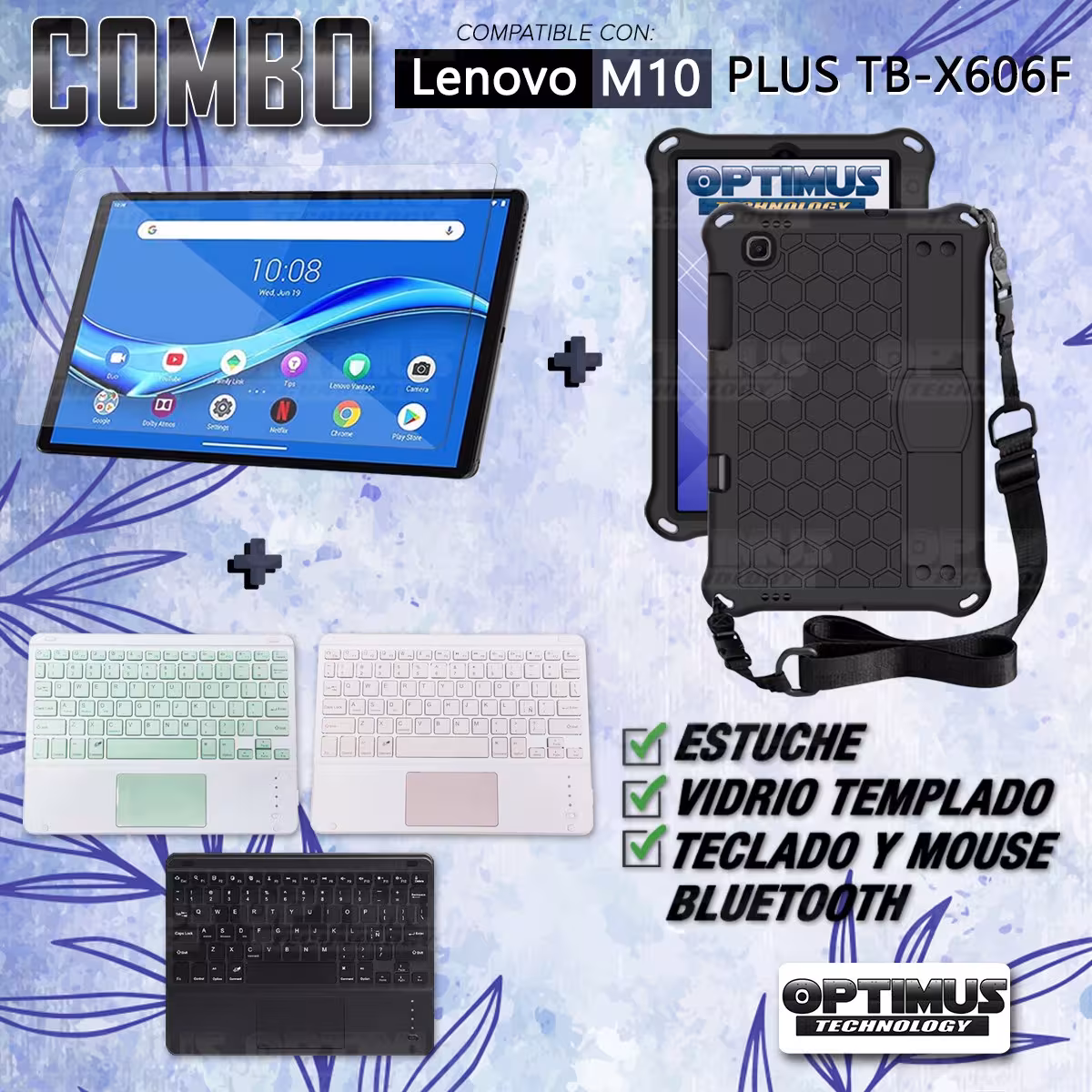 Kit Vidrio templado + Case Protector con correa + Teclado Touchpad Bluetooth Tablet Lenovo M10 Plus Tb-x606f