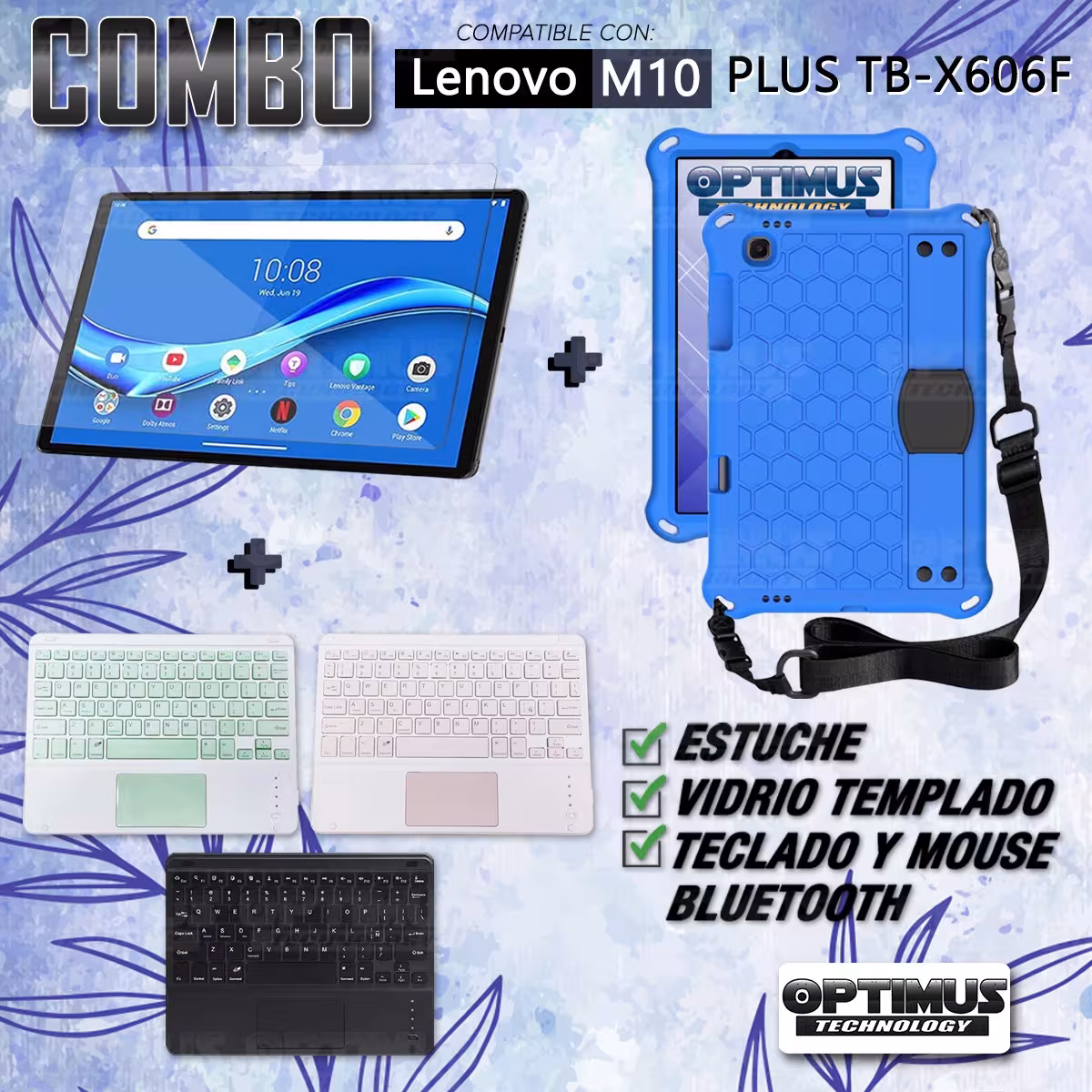 Kit Vidrio templado + Case Protector con correa + Teclado Touchpad Bluetooth Tablet Lenovo M10 Plus Tb-x606f