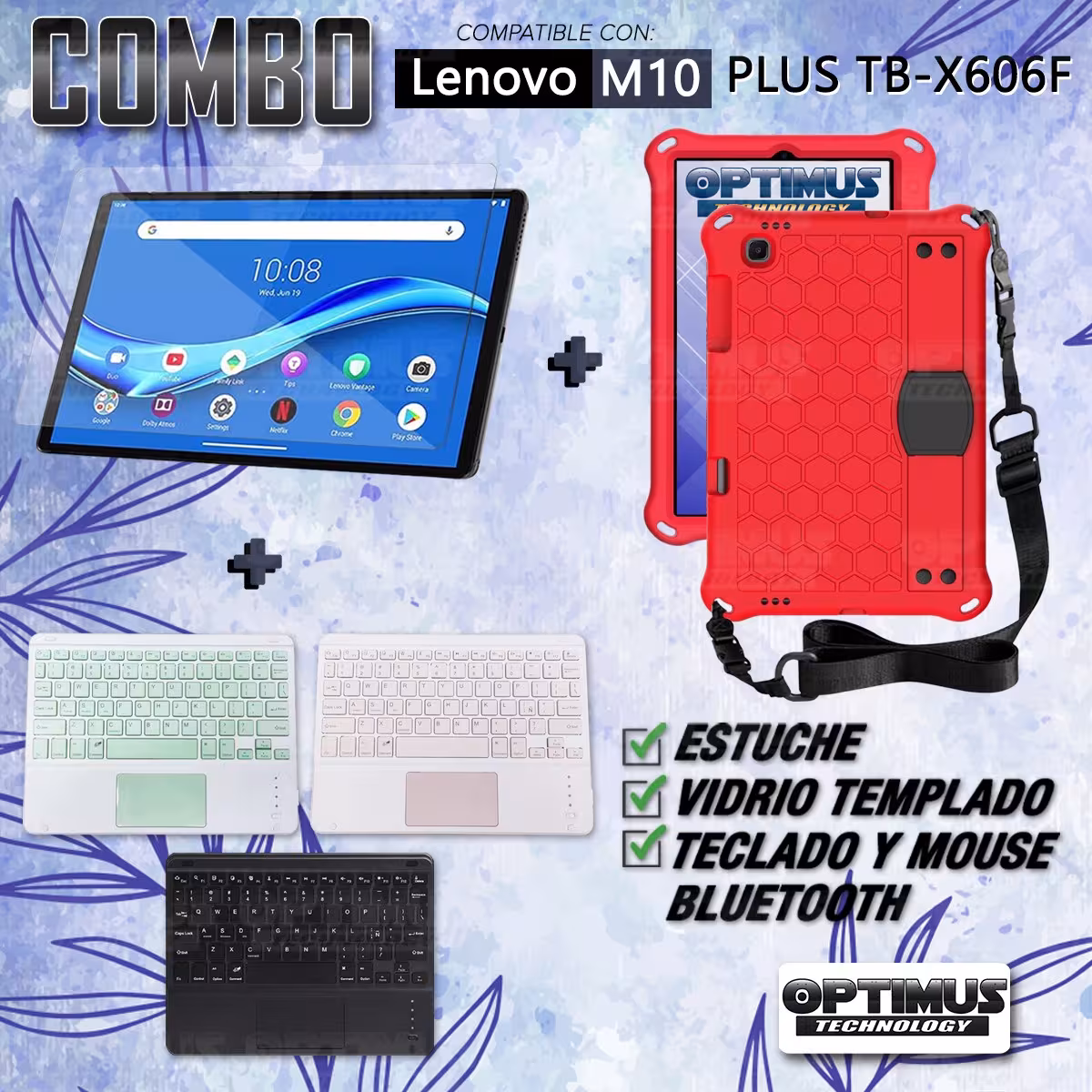 Kit Vidrio templado + Case Protector con correa + Teclado Touchpad Bluetooth Tablet Lenovo M10 Plus Tb-x606f