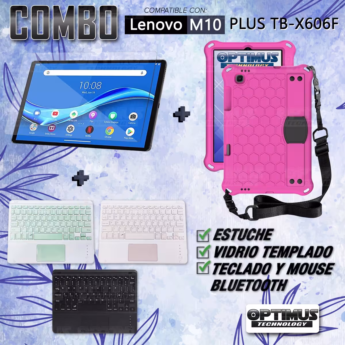 Kit Vidrio templado + Case Protector con correa + Teclado Touchpad Bluetooth Tablet Lenovo M10 Plus Tb-x606f