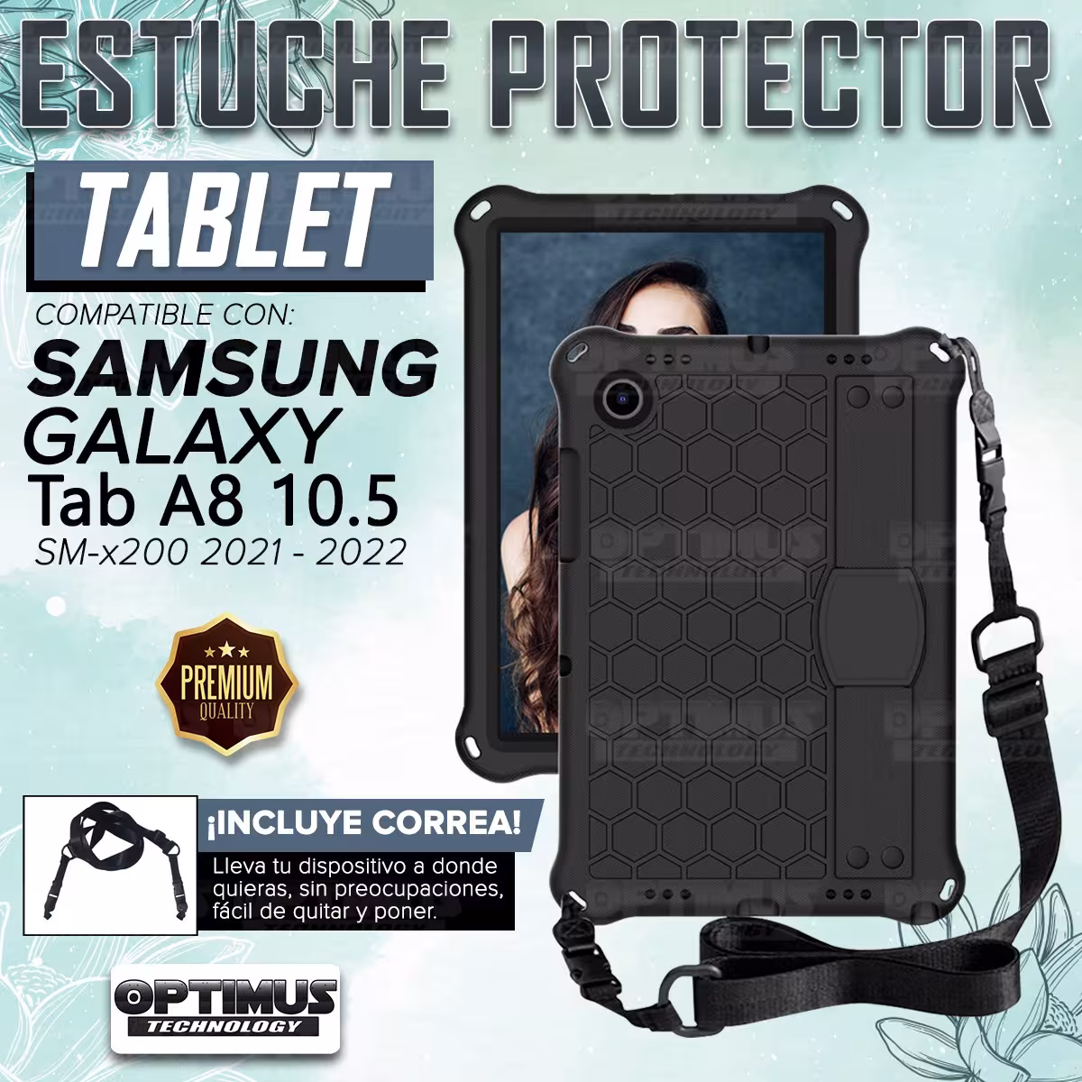 Kit Vidrio Cristal Templado Y Estuche Protector Anti golpes Correa para Tablet Samsung Galaxy Tab A8 10.5 2021 SM-x200 SM-x205