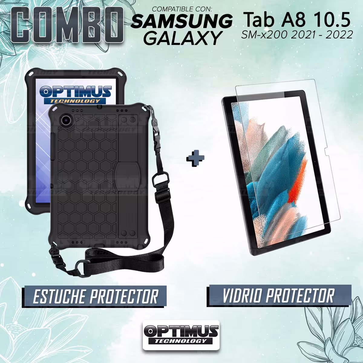 Kit Vidrio Cristal Templado Y Estuche Protector Anti golpes Correa para Tablet Samsung Galaxy Tab A8 10.5 2021 SM-x200 SM-x205