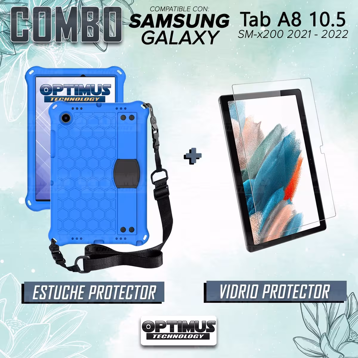 Kit Vidrio Cristal Templado Y Estuche Protector Anti golpes Correa para Tablet Samsung Galaxy Tab A8 10.5 2021 SM-x200 SM-x205