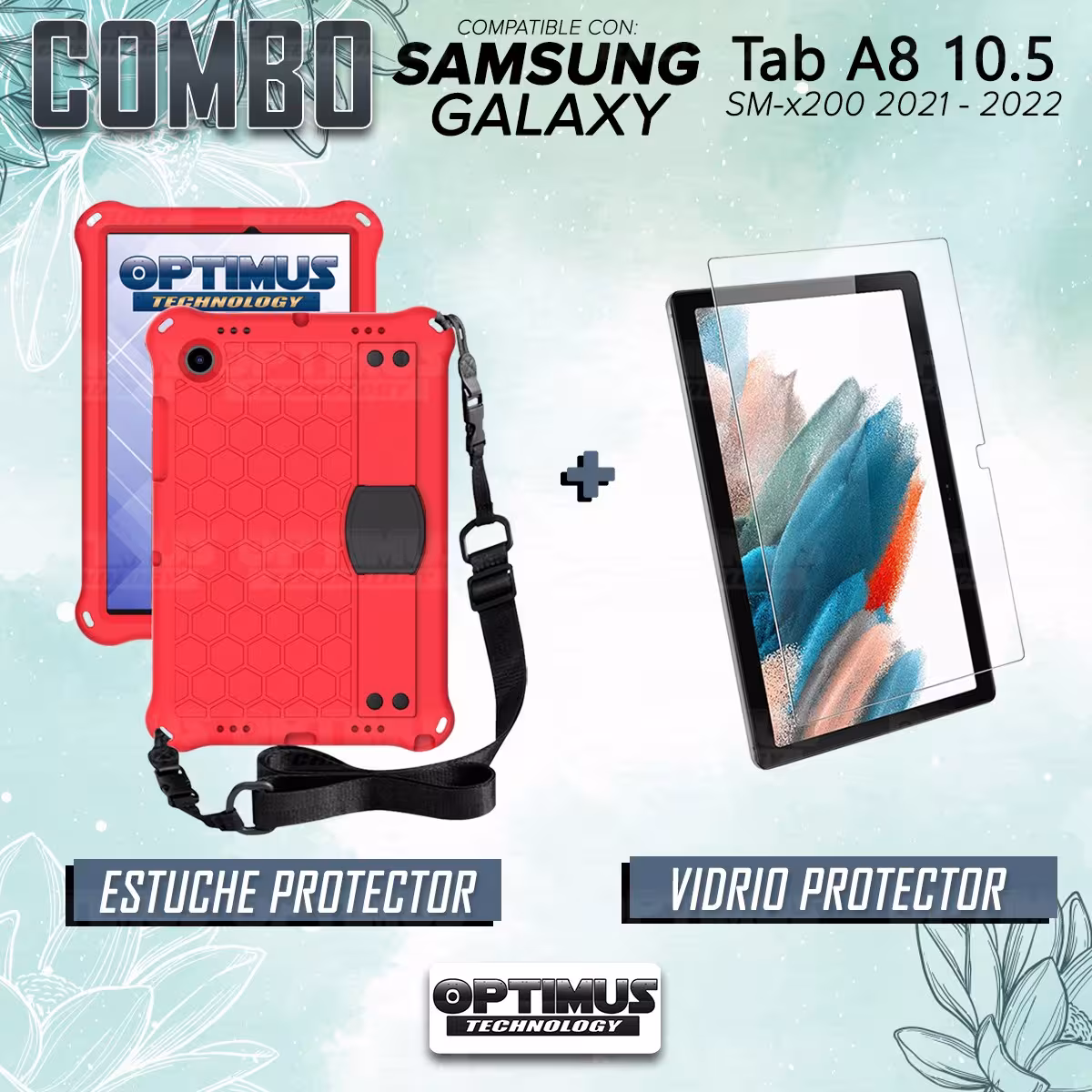 Kit Vidrio Cristal Templado Y Estuche Protector Anti golpes Correa para Tablet Samsung Galaxy Tab A8 10.5 2021 SM-x200 SM-x205