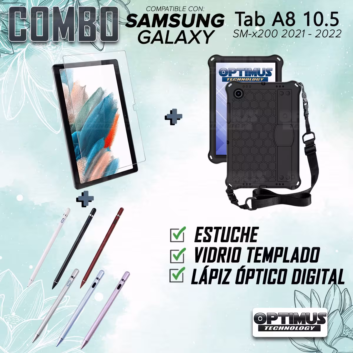 Kit Estuche Protector Correa + Vidrio Templado + Lápiz Digital para Tablet Samsung Galaxy Tab A8 10.5 2021 - 2022 SM-x205
