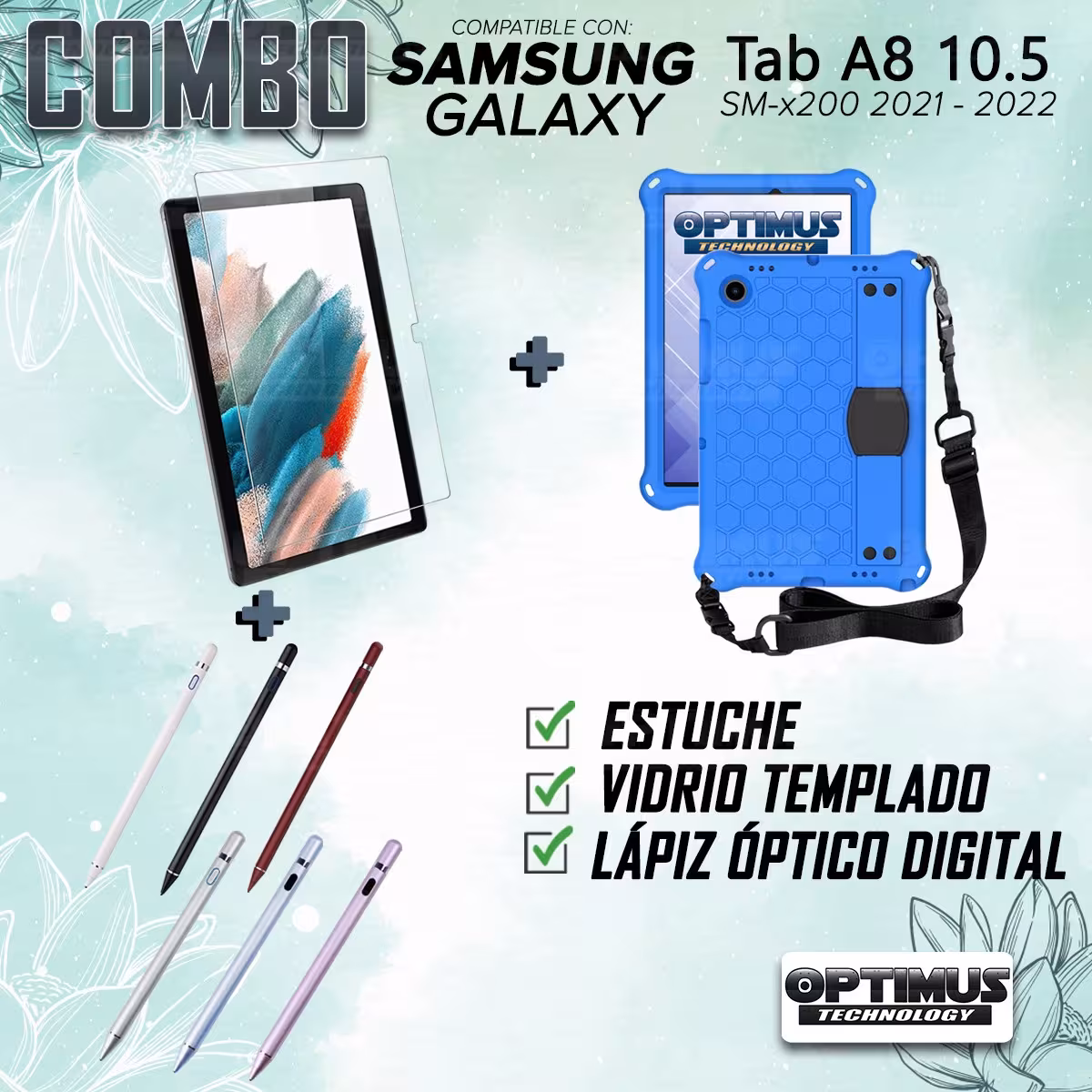 Kit Estuche Protector Correa + Vidrio Templado + Lápiz Digital para Tablet Samsung Galaxy Tab A8 10.5 2021 - 2022 SM-x205