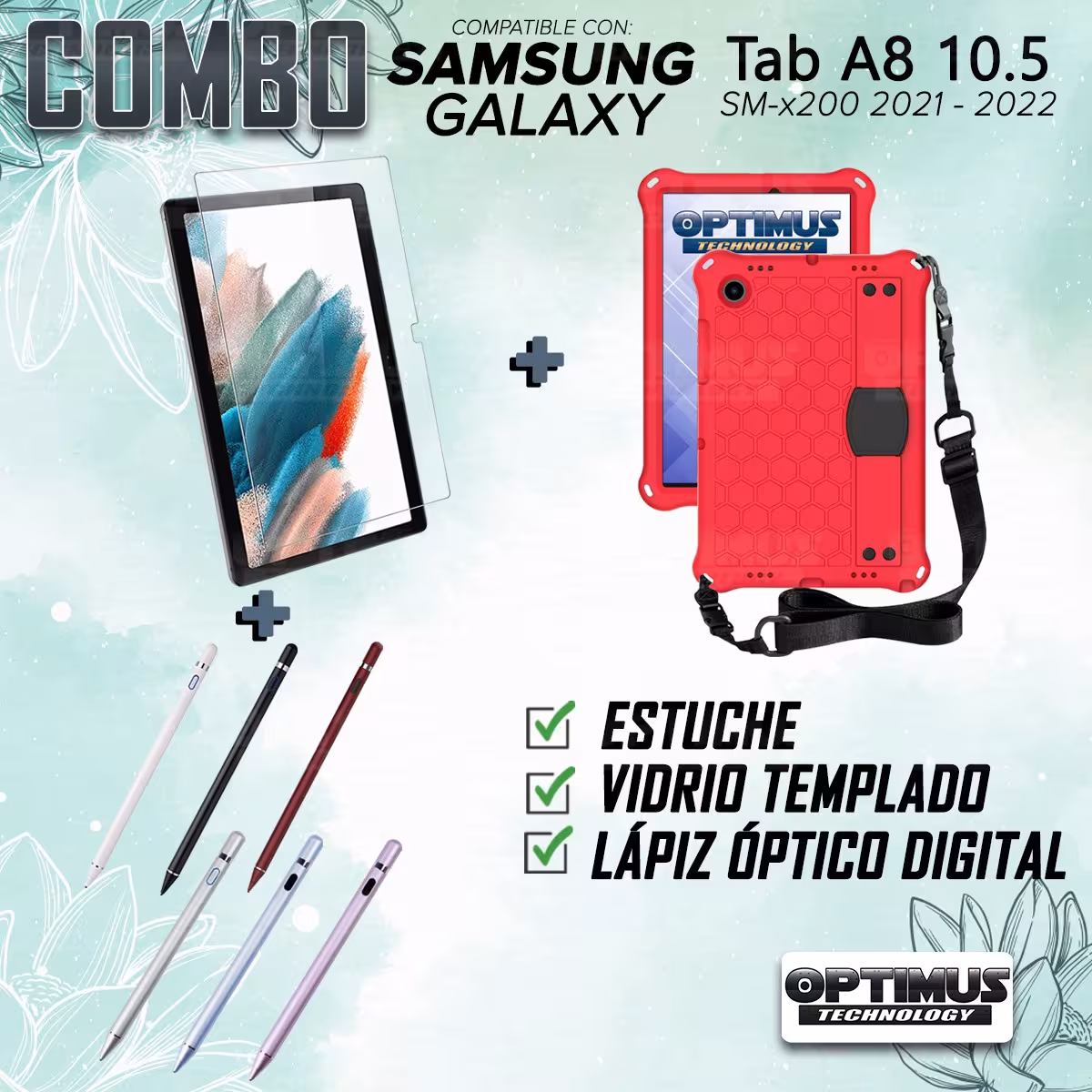 Kit Estuche Protector Correa + Vidrio Templado + Lápiz Digital para Tablet Samsung Galaxy Tab A8 10.5 2021 - 2022 SM-x205