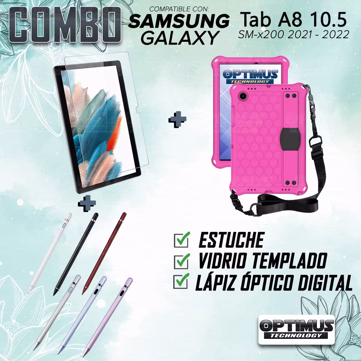 Kit Estuche Protector Correa + Vidrio Templado + Lápiz Digital para Tablet Samsung Galaxy Tab A8 10.5 2021 - 2022 SM-x205